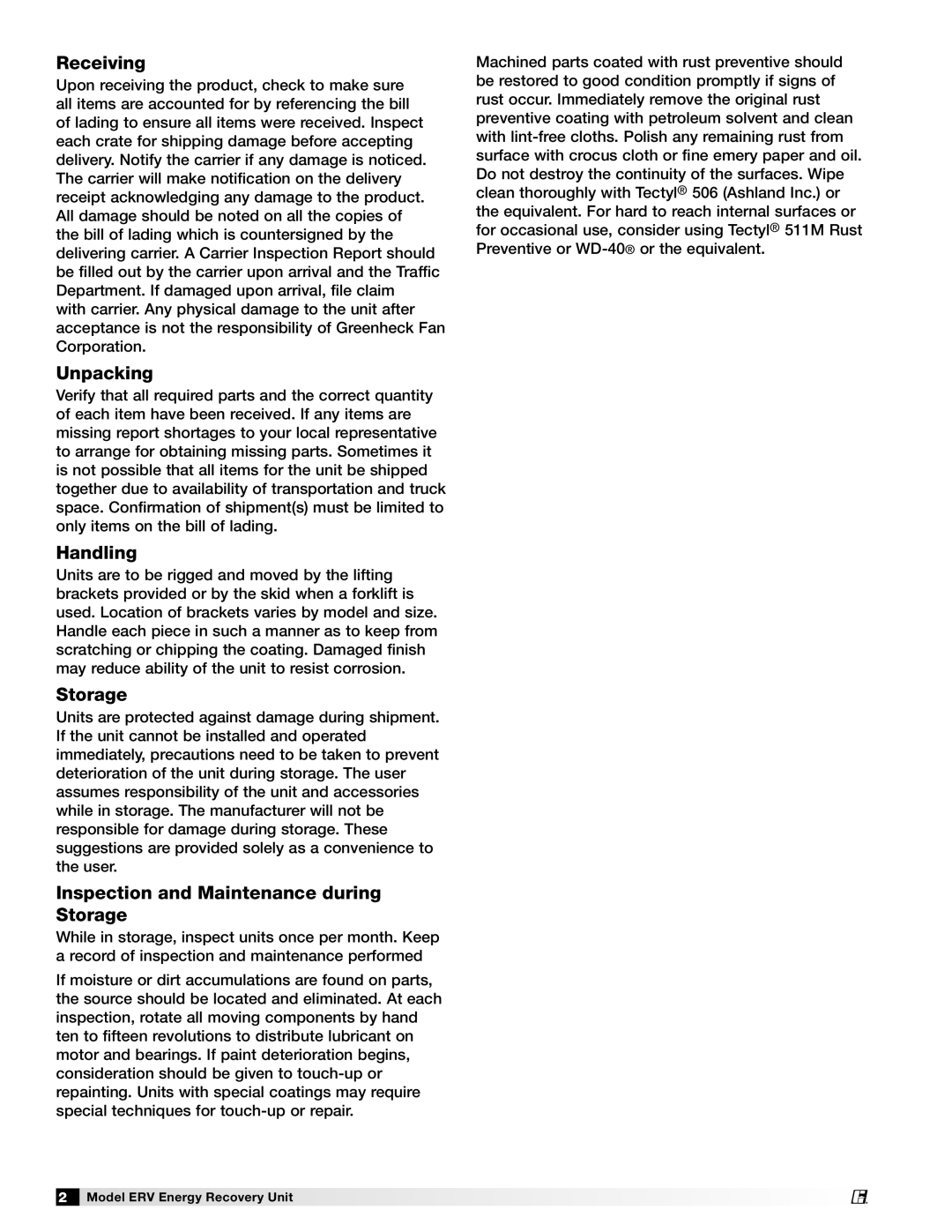 Greenheck Fan ERV-582, ERV-581, ERV-522 manual Receiving, Unpacking, Handling, Inspection and Maintenance during Storage 