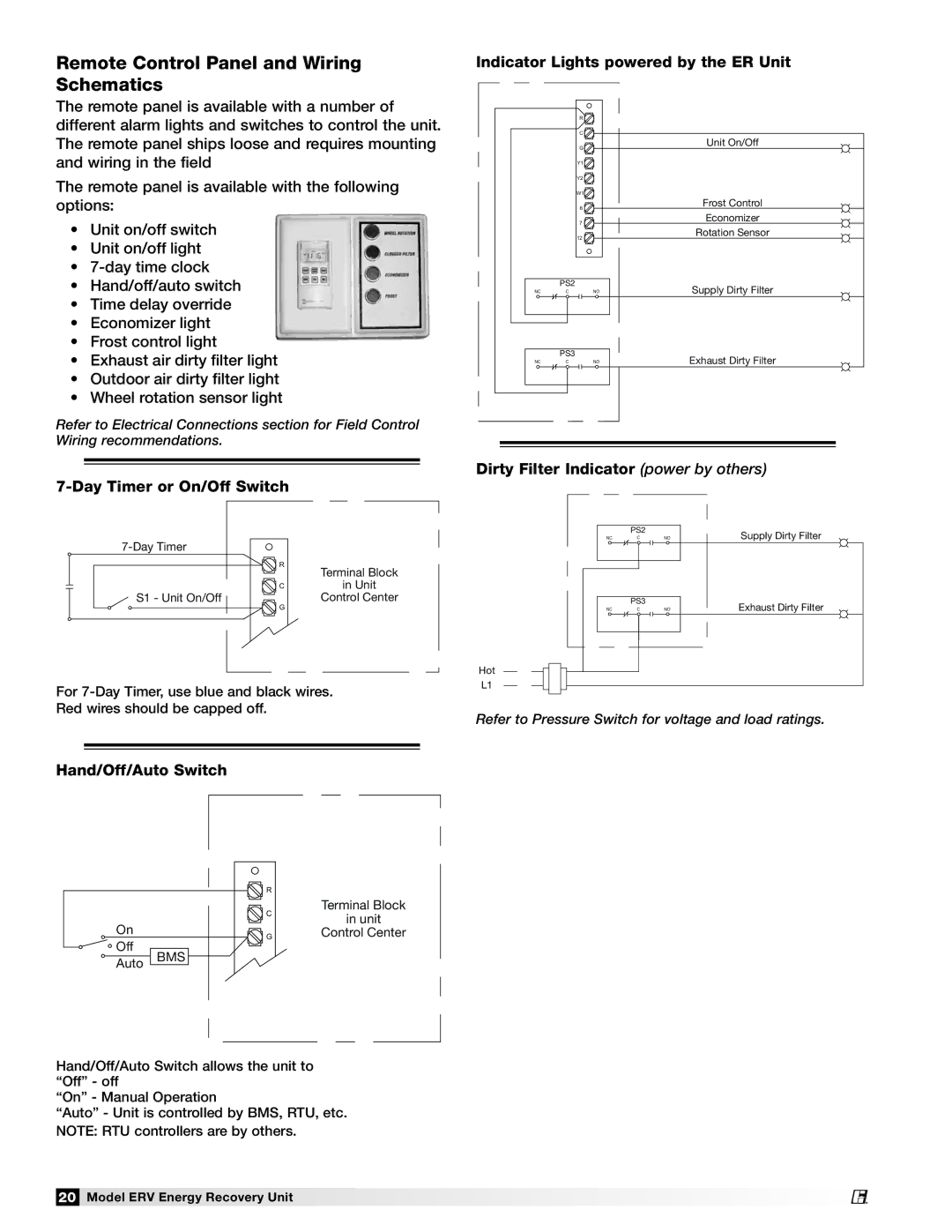 Greenheck Fan ERV-582, ERV-581, ERV-522 Remote Control Panel and Wiring Schematics, Indicator Lights powered by the ER Unit 