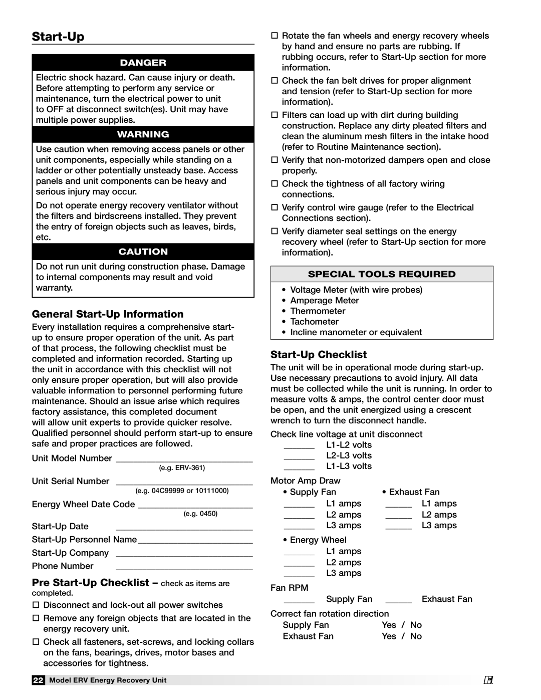 Greenheck Fan ERV-251, ERV-581, ERV-522, ERV-582 General Start-Up Information, Pre Start-Up Checklist check as items are 