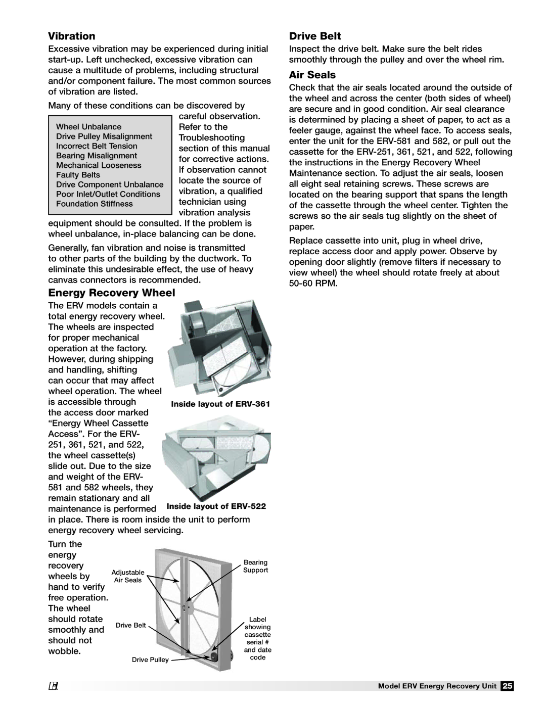 Greenheck Fan ERV-522, ERV-581, ERV-582, ERV-521, ERV-251, ERV-361 Vibration, Energy Recovery Wheel, Drive Belt, Air Seals 