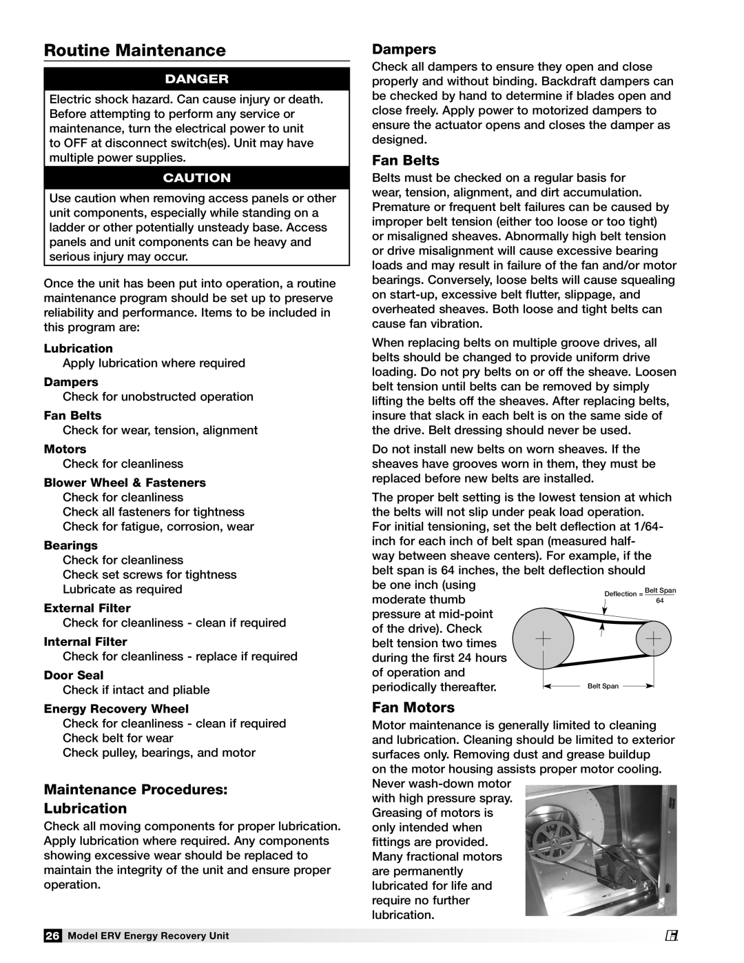 Greenheck Fan ERV-582, ERV-581, ERV-522 manual Routine Maintenance, Maintenance Procedures Lubrication, Fan Belts, Fan Motors 