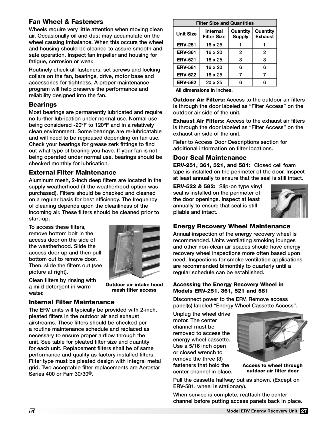 Greenheck Fan ERV-521, ERV-581, ERV-522 Fan Wheel & Fasteners, Bearings, External Filter Maintenance, Door Seal Maintenance 