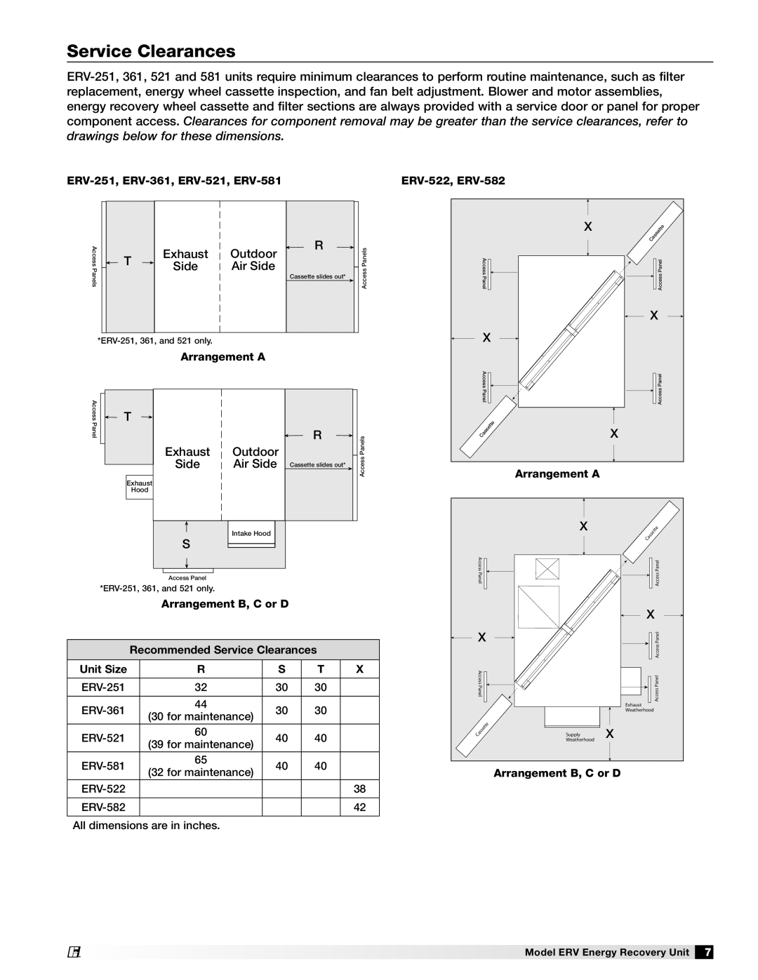 Greenheck Fan manual Service Clearances, ERV-251, ERV-361, ERV-521, ERV-581 ERV-522, ERV-582, Arrangement a 