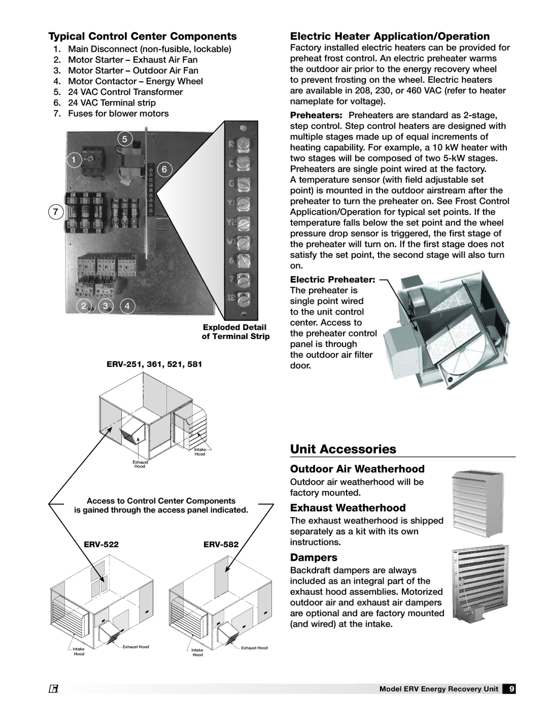 Greenheck Fan ERV-521, ERV-581, ERV-522, ERV-582, ERV-251, ERV-361 manual Unit Accessories 