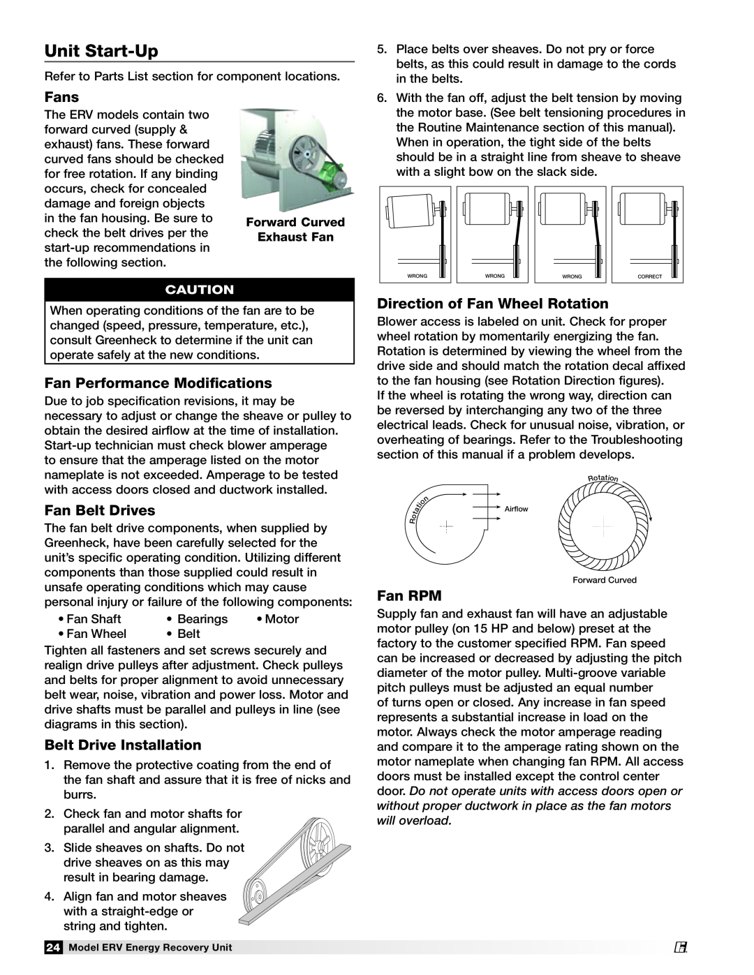 Greenheck Fan ERV-581 manual Unit Start-Up, Fans, Fan Performance Modifications, Fan Belt Drives, Belt Drive Installation 