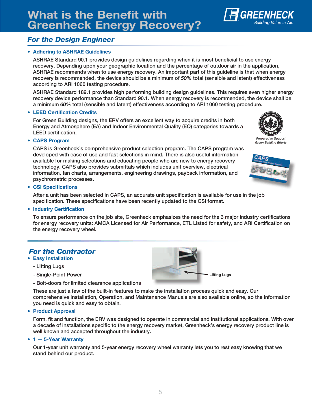 Greenheck Fan ERV manual Adhering to Ashrae Guidelines, Leed Certification Credits, Caps Program, CSI Specifications 