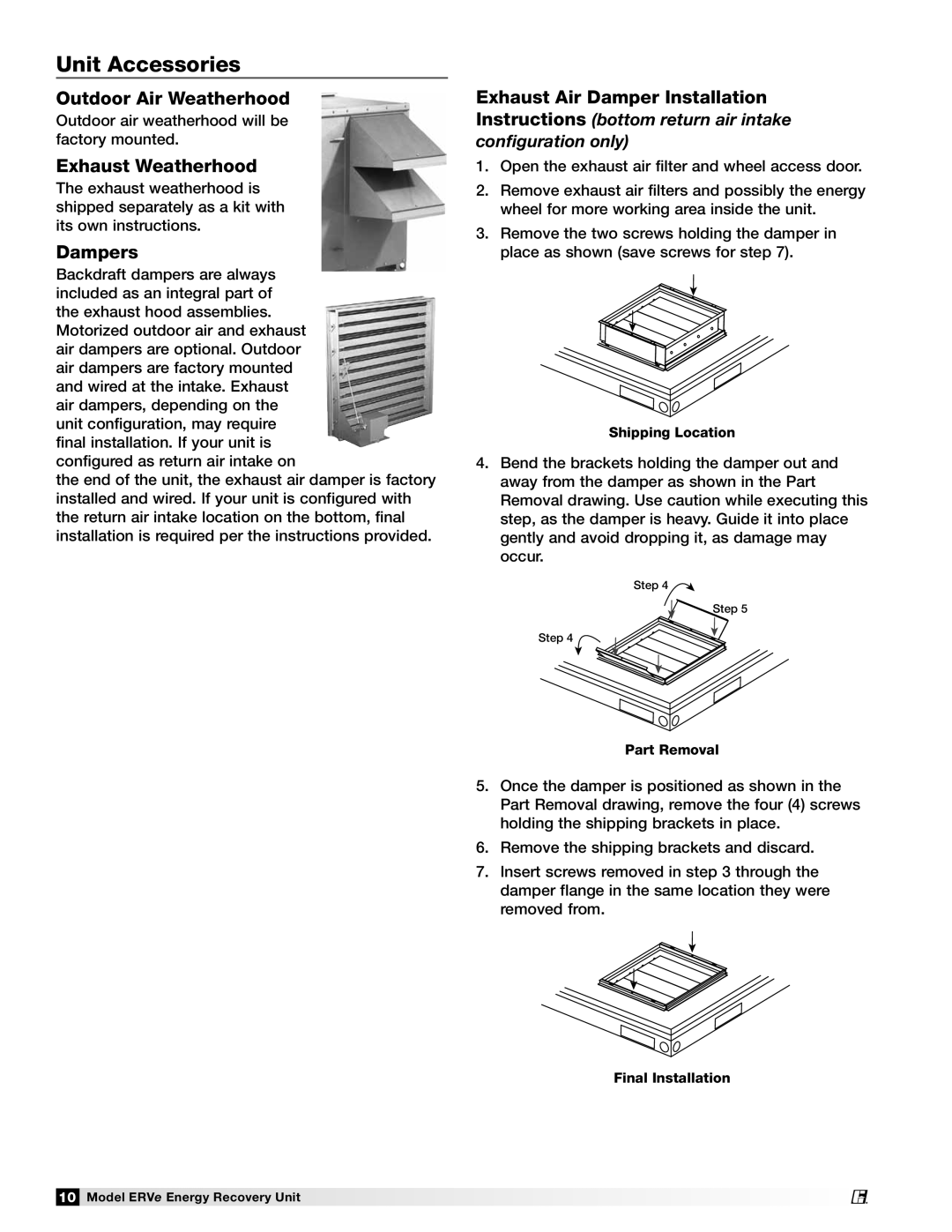 Greenheck Fan ERVe manual Unit Accessories, Outdoor Air Weatherhood, Exhaust Weatherhood, Dampers 