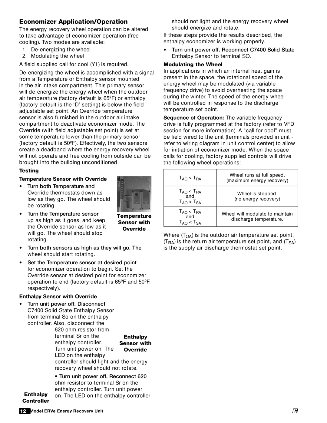 Greenheck Fan ERVe manual Economizer Application/Operation, Modulating the Wheel, Testing Temperature Sensor with Override 