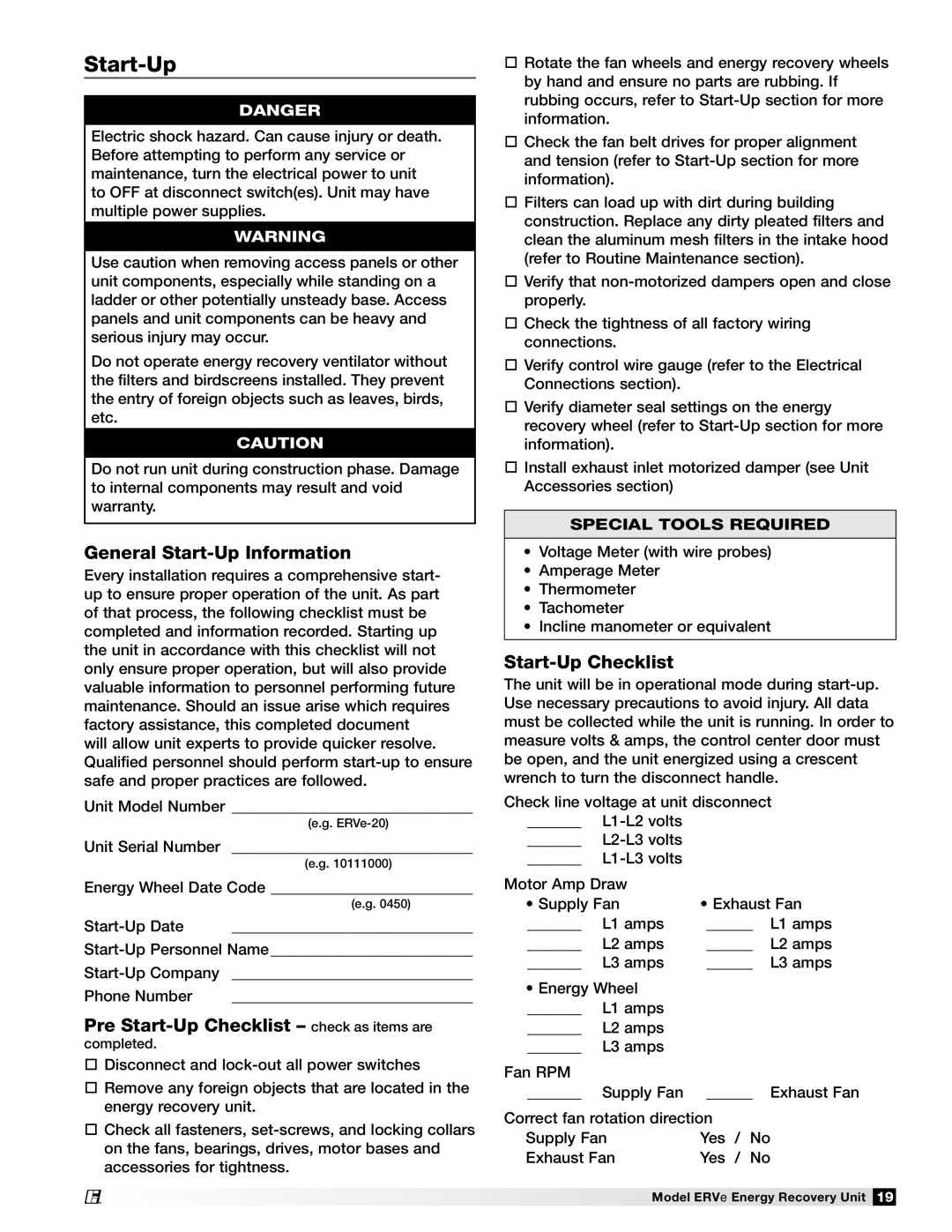 Greenheck Fan ERVe manual General Start-Up Information, Pre Start-Up Checklist check as items are 