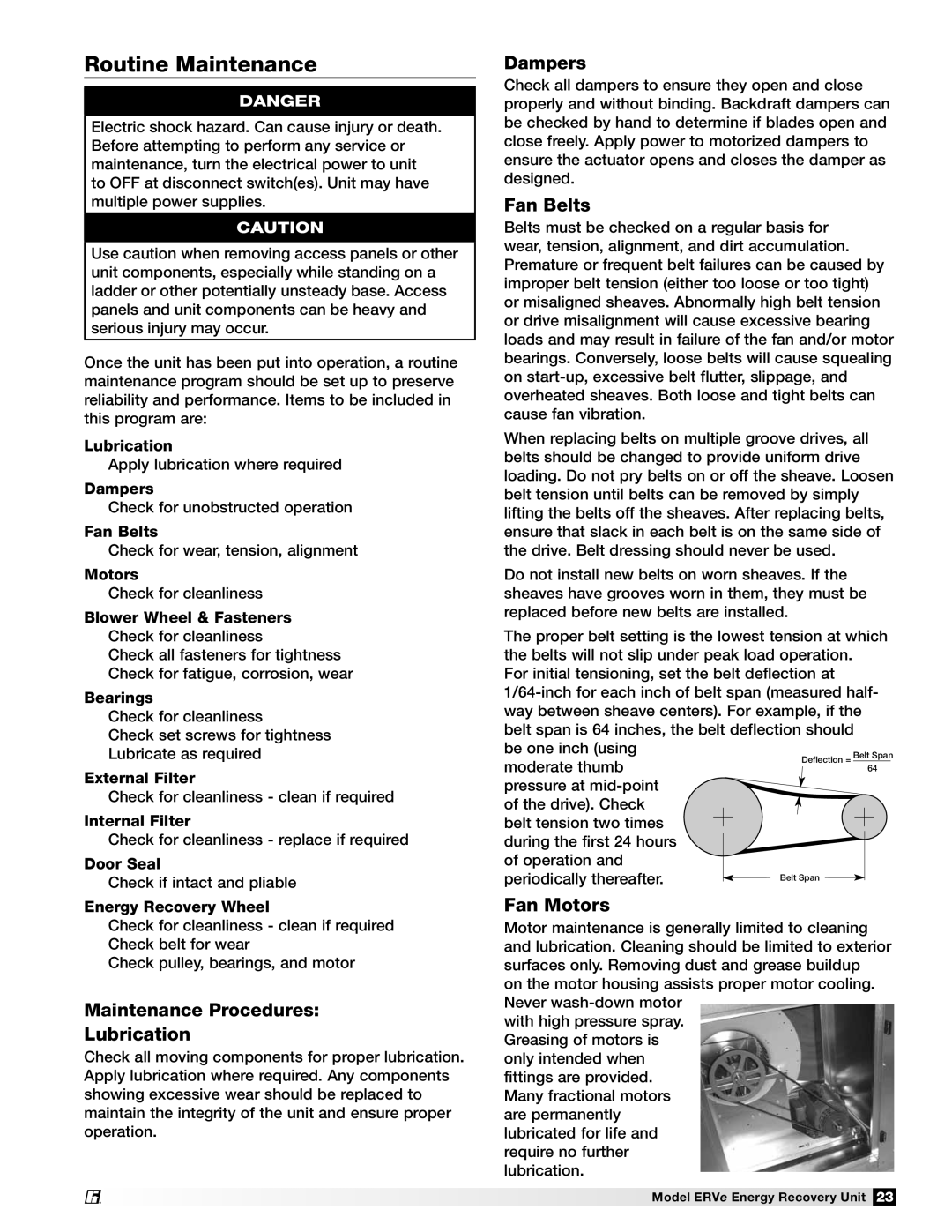 Greenheck Fan ERVe manual Routine Maintenance, Maintenance Procedures Lubrication, Fan Belts, Fan Motors 