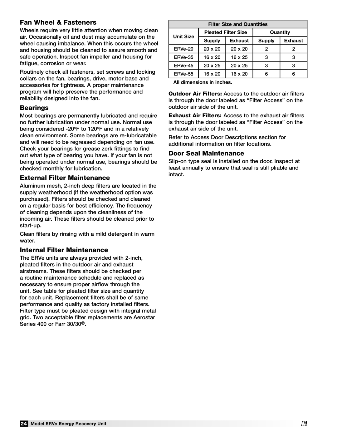 Greenheck Fan ERVe manual Fan Wheel & Fasteners, Bearings, External Filter Maintenance, Internal Filter Maintenance 