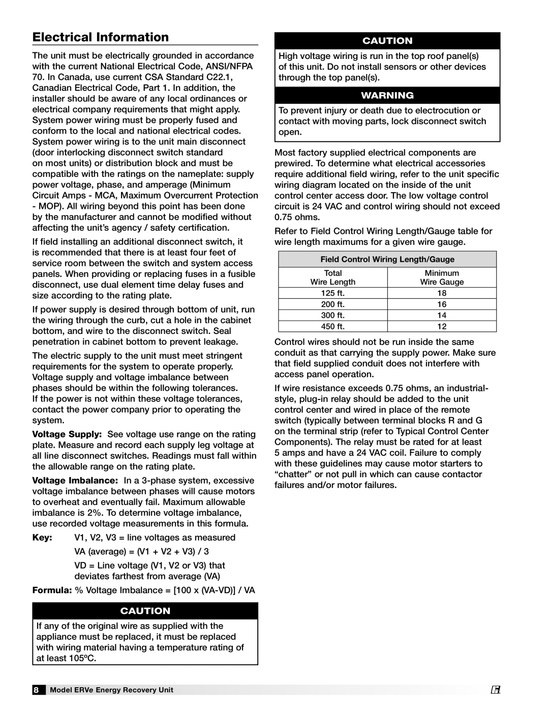 Greenheck Fan ERVe manual Electrical Information 