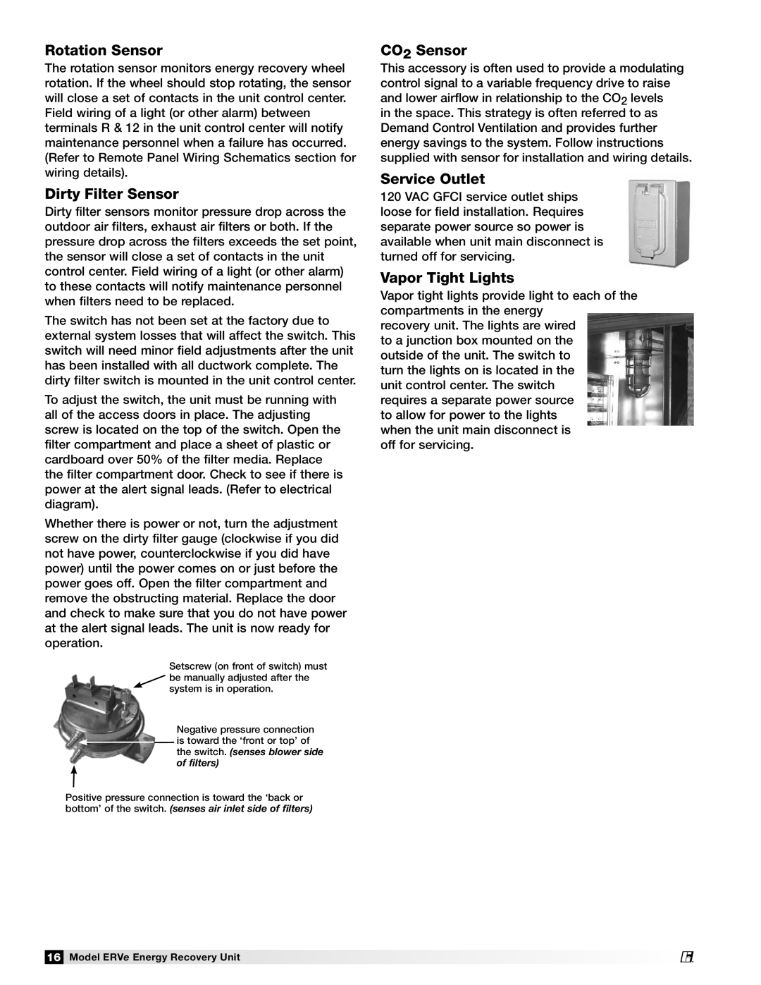 Greenheck Fan ERVe manual Rotation Sensor, Dirty Filter Sensor, CO2 Sensor, Service Outlet, Vapor Tight Lights 