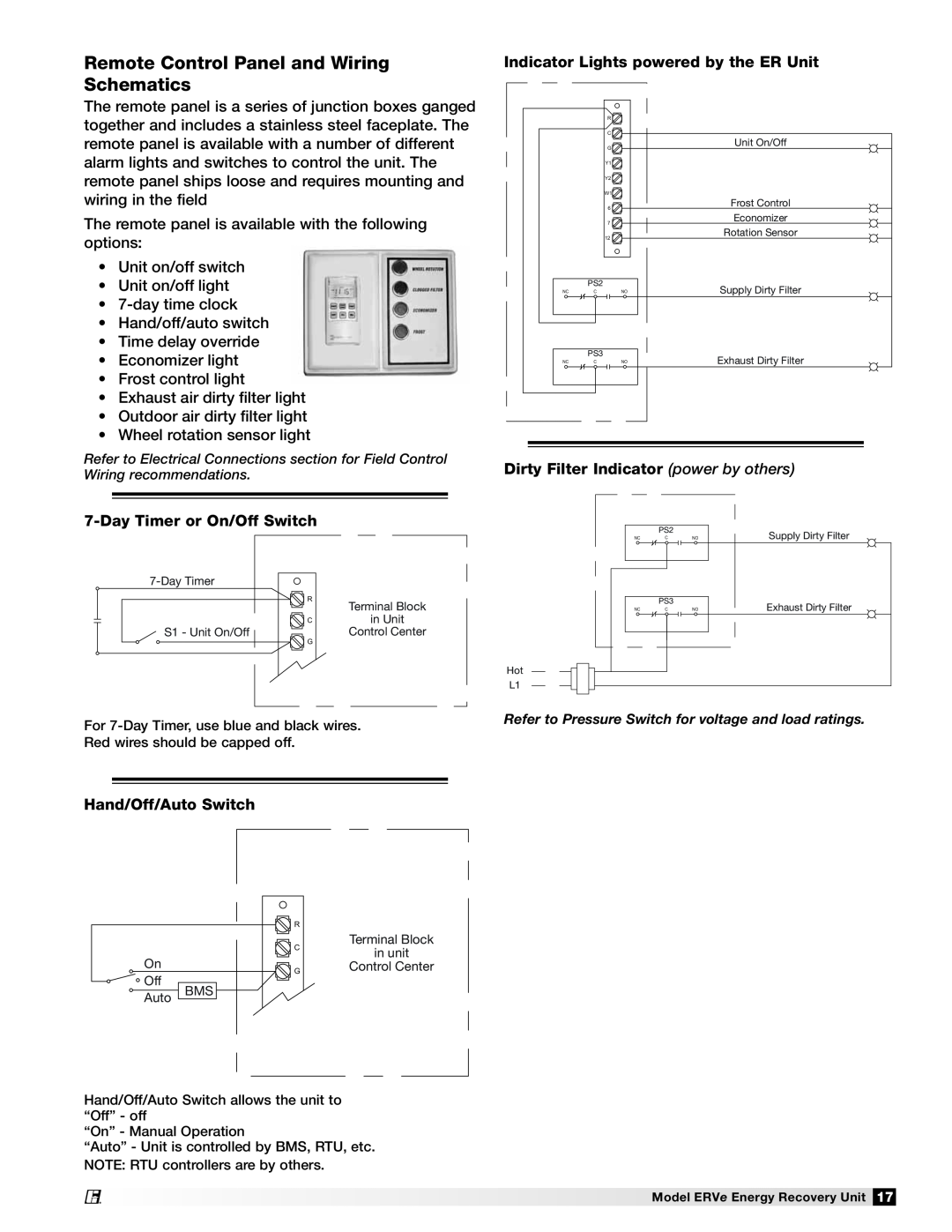 Greenheck Fan ERVe manual Remote Control Panel and Wiring Schematics, Indicator Lights powered by the ER Unit 