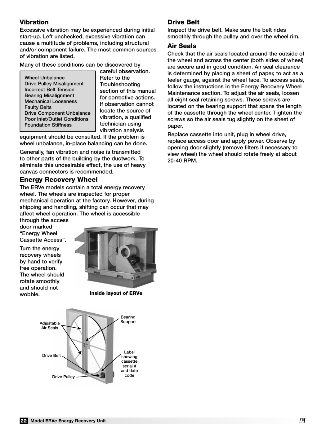 Greenheck Fan ERVe manual Vibration, Energy Recovery Wheel, Drive Belt, Air Seals 