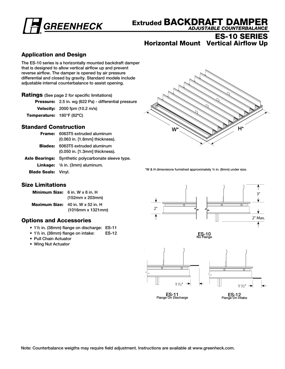 Greenheck Fan ES-10 Series dimensions Extruded Backdraft Damper, Application and Design, Standard Construction 