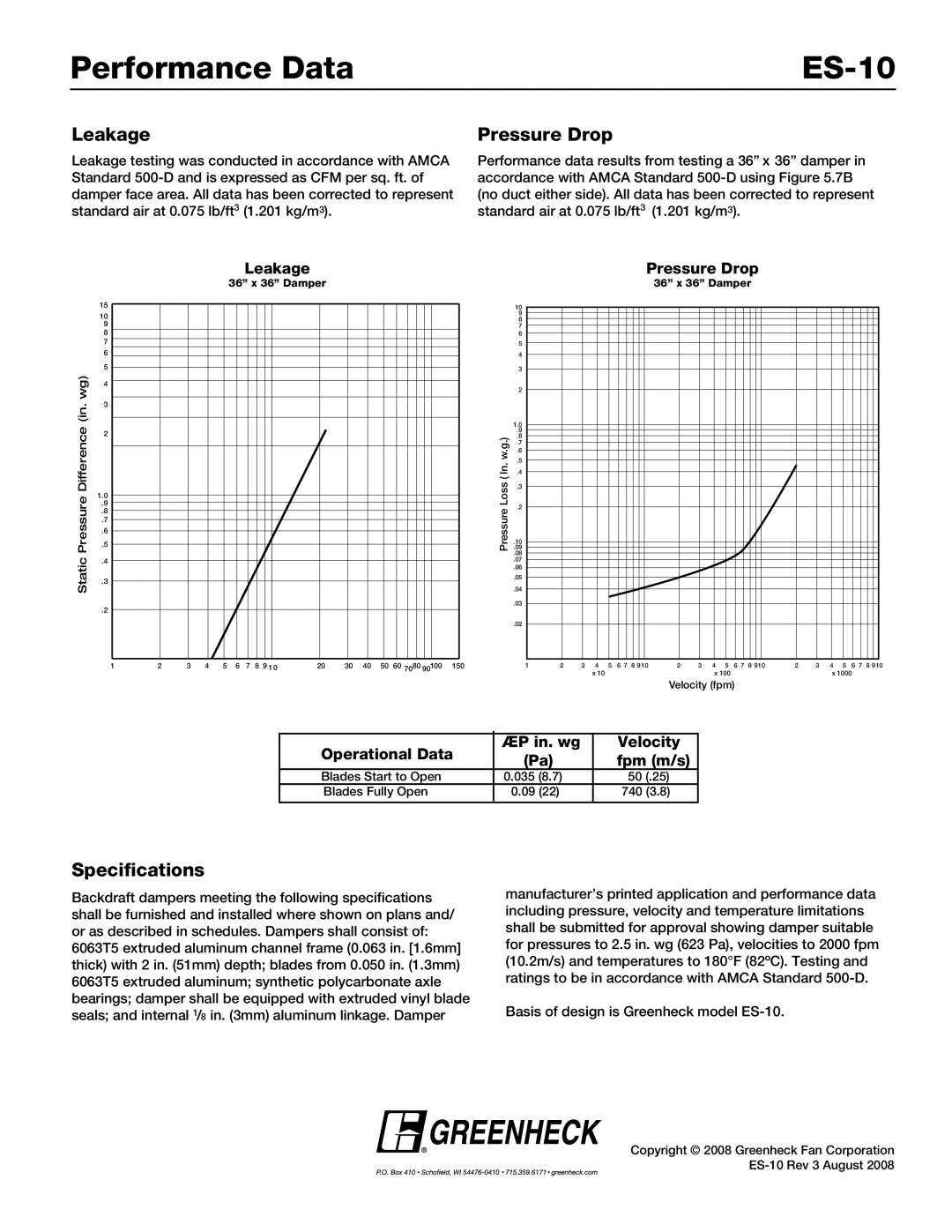 Greenheck Fan ES-10 Series dimensions Performance Data ES-10, Leakage, Pressure Drop, Specifications 