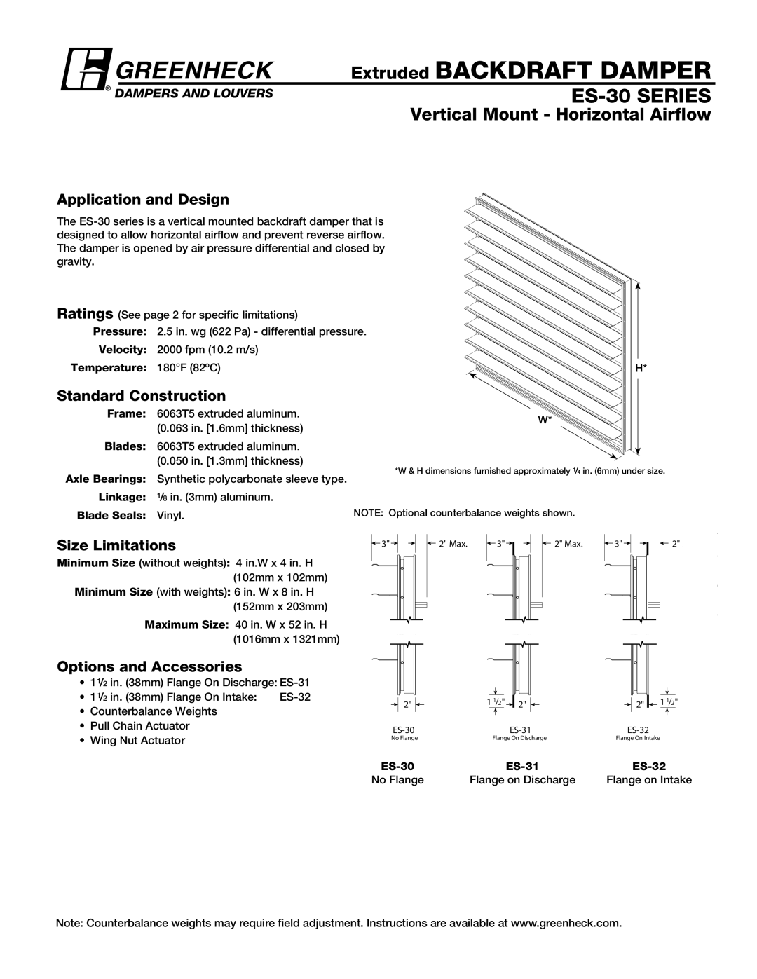 Greenheck Fan ES-30 dimensions Extruded Backdraft Damper, Application and Design, Standard Construction, Size Limitations 