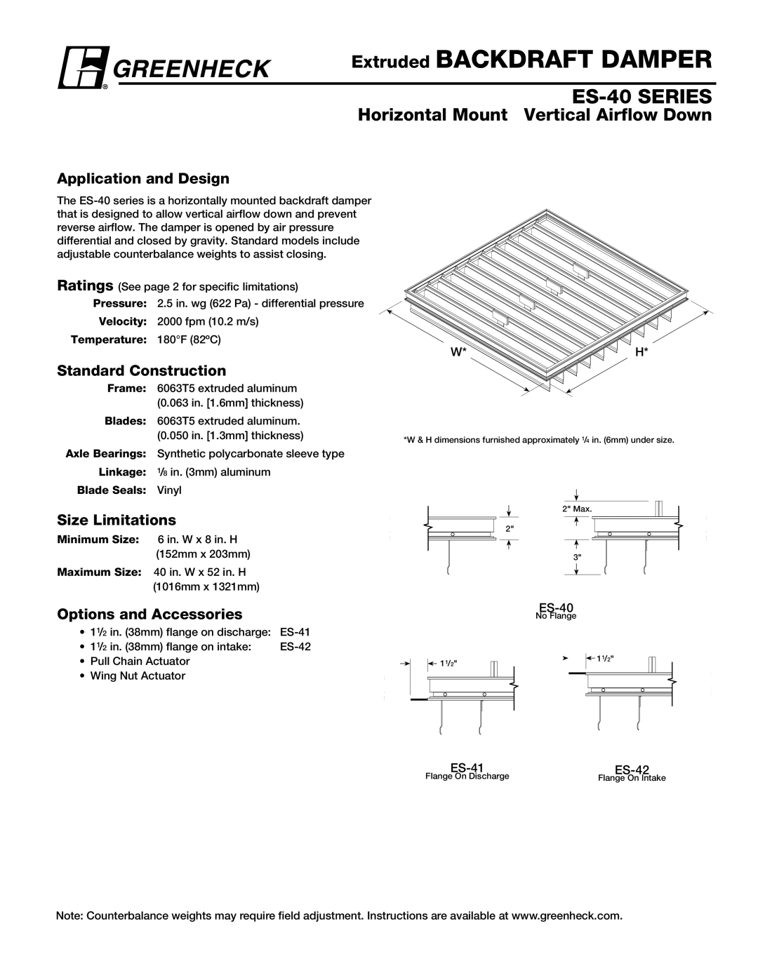 Greenheck Fan ES-40 Series dimensions Extruded Backdraft Damper, Application and Design, Standard Construction 