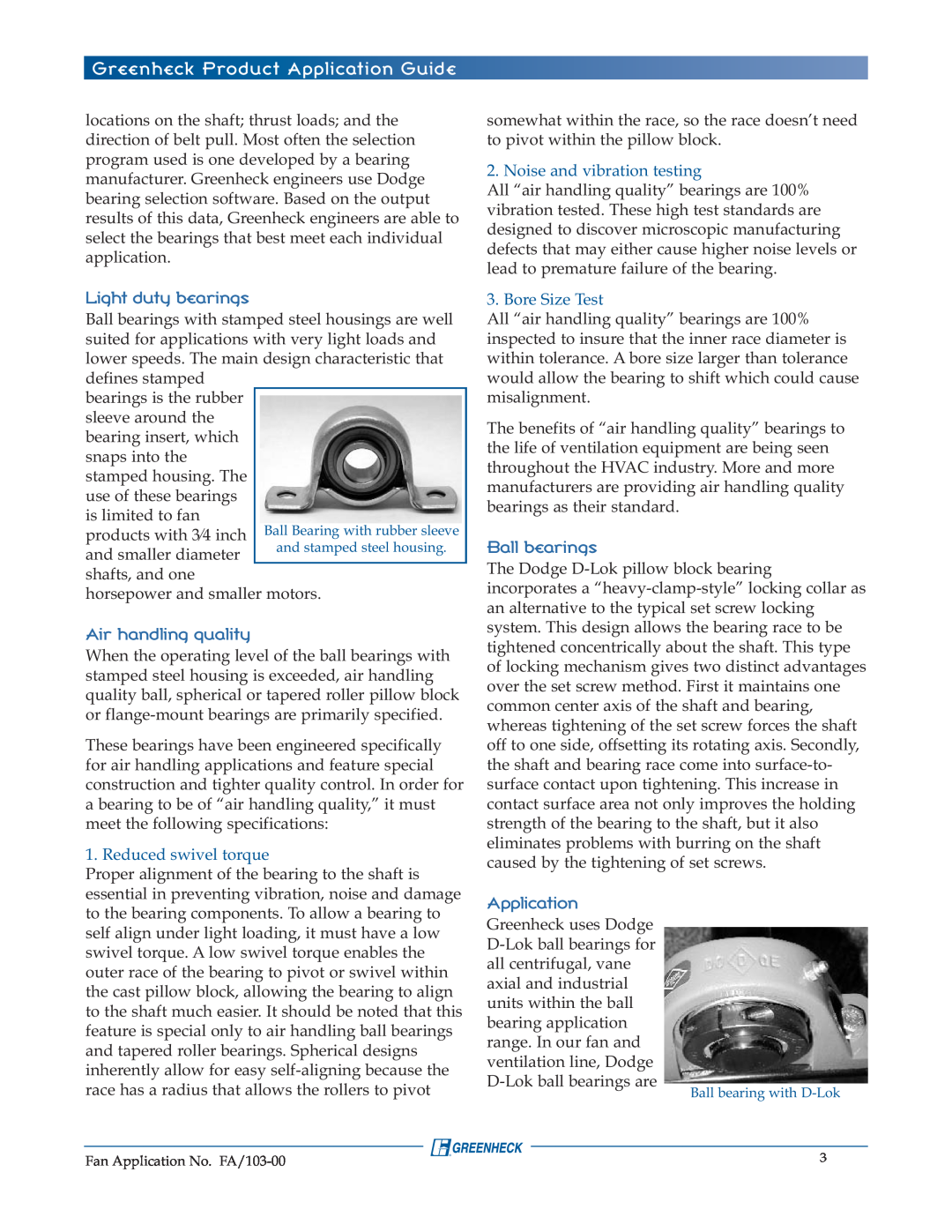 Greenheck Fan FA/103-00 manual Light duty bearings, Air handling quality, Ball bearings, Application, Reduced swivel torque 