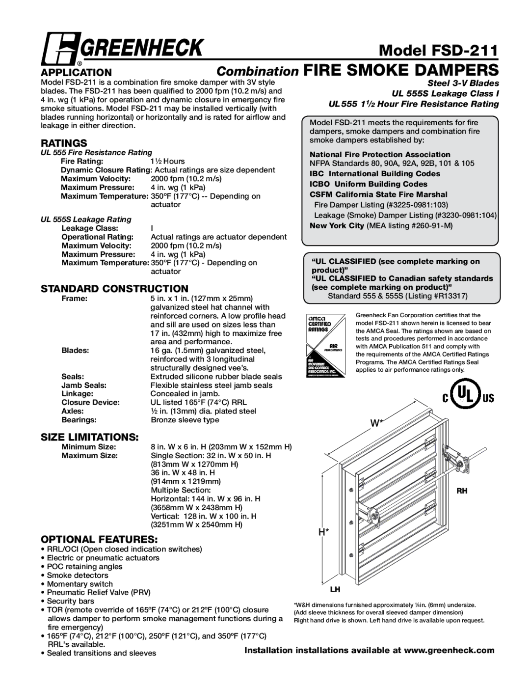 Greenheck Fan dimensions Model FSD-211, Ratings, Standard Construction, Size Limitations, Optional Features 