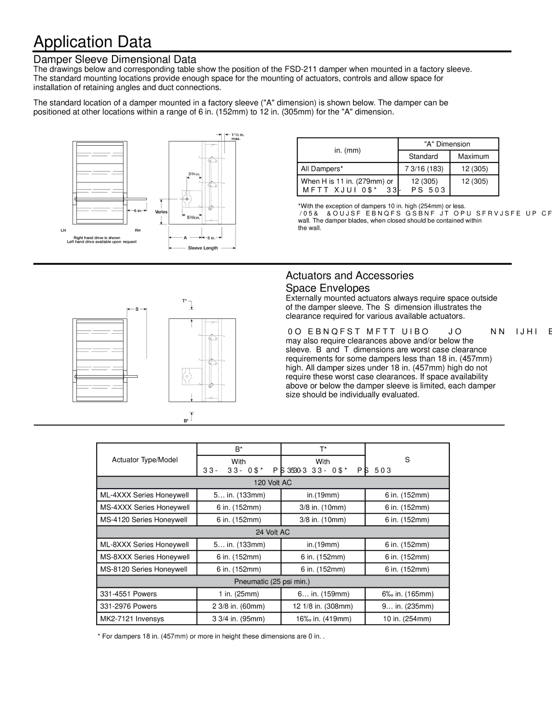 Greenheck Fan FSD-211 Application Data, Damper Sleeve Dimensional Data, Actuators and Accessories Space Envelopes 