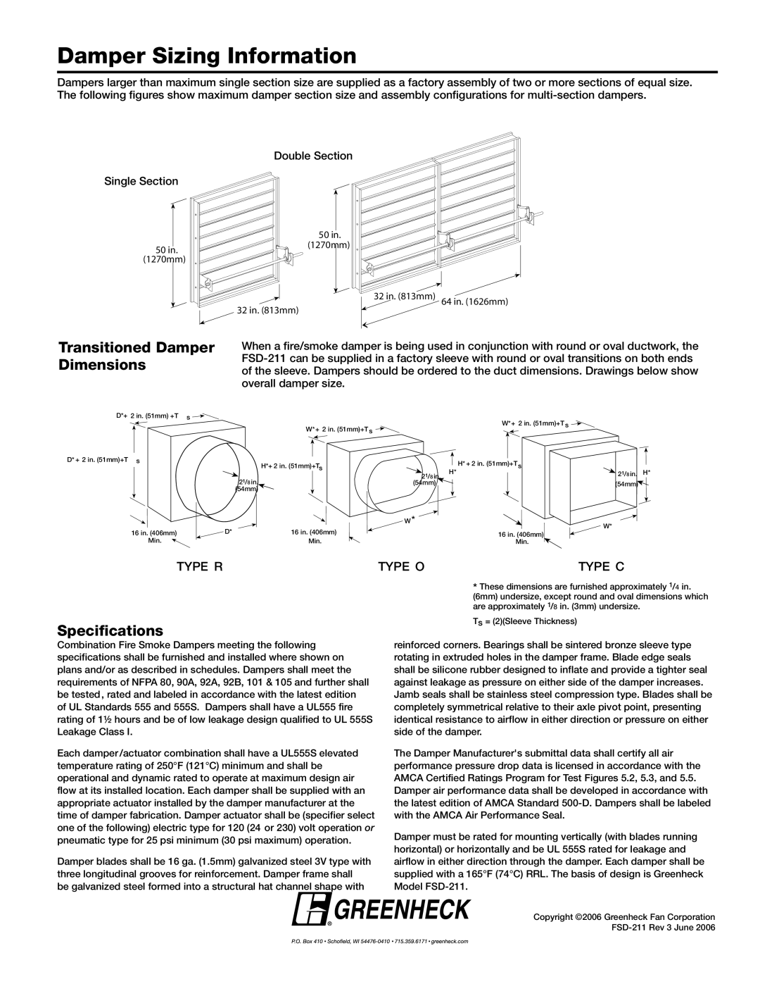 Greenheck Fan FSD-211 dimensions Damper Sizing Information, Transitioned Damper Dimensions, Specifications 