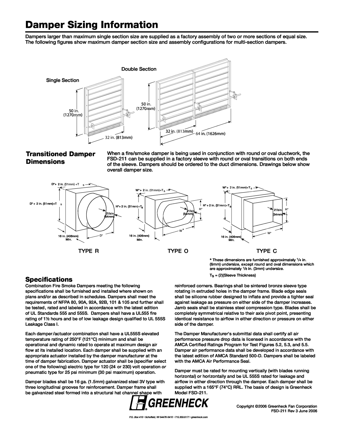 Greenheck Fan FSD-211 dimensions Damper Sizing Information, Transitioned Damper Dimensions, Specifications 