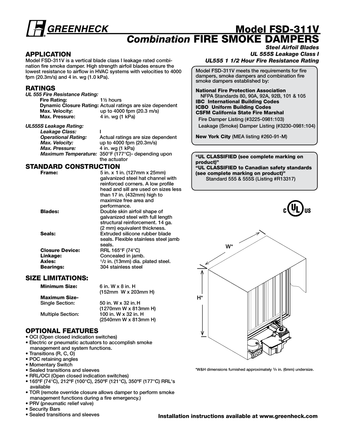 Greenheck Fan installation instructions Model FSD-311V, Ratings, Standard Construction, Size Limitations 