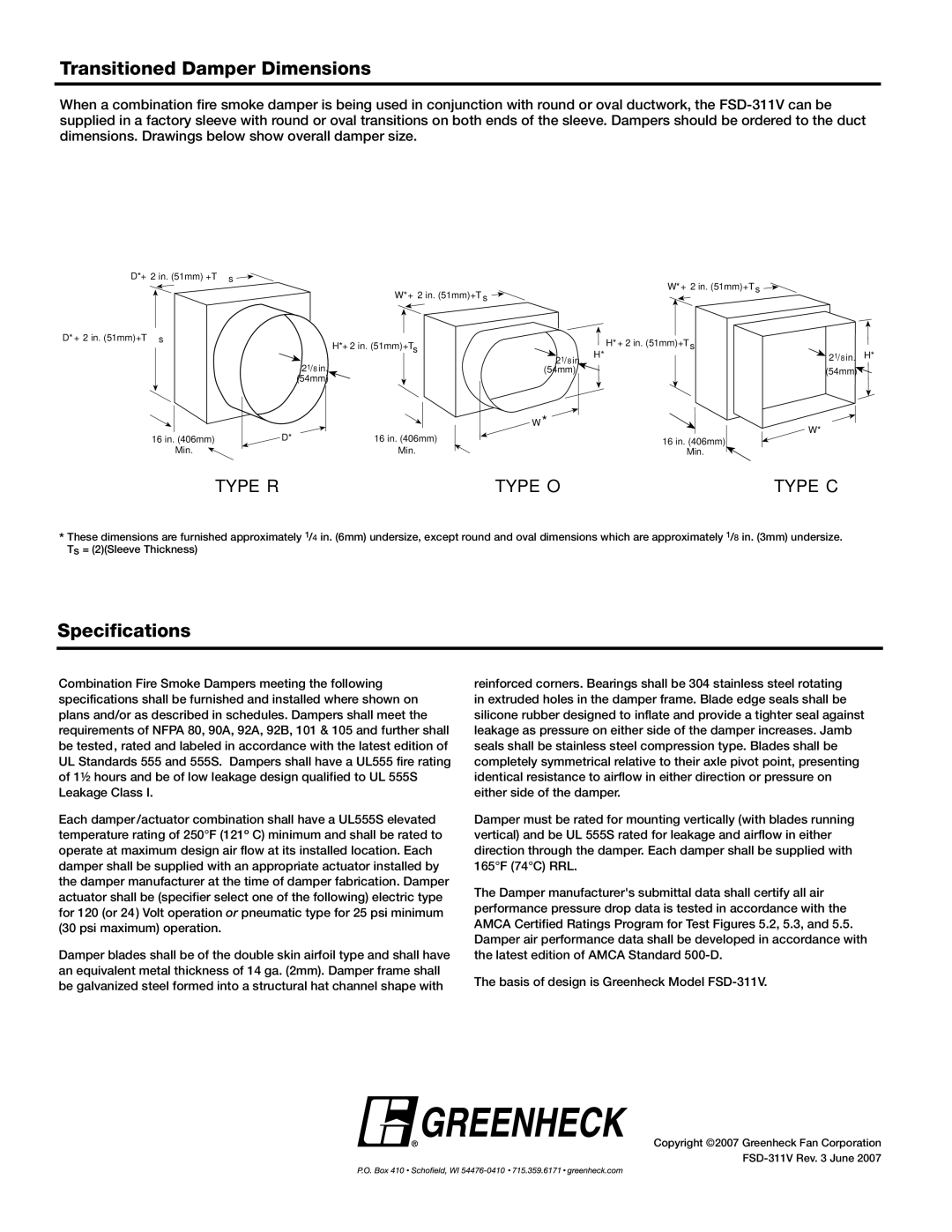 Greenheck Fan FSD-311V installation instructions Transitioned Damper Dimensions, Specifications 