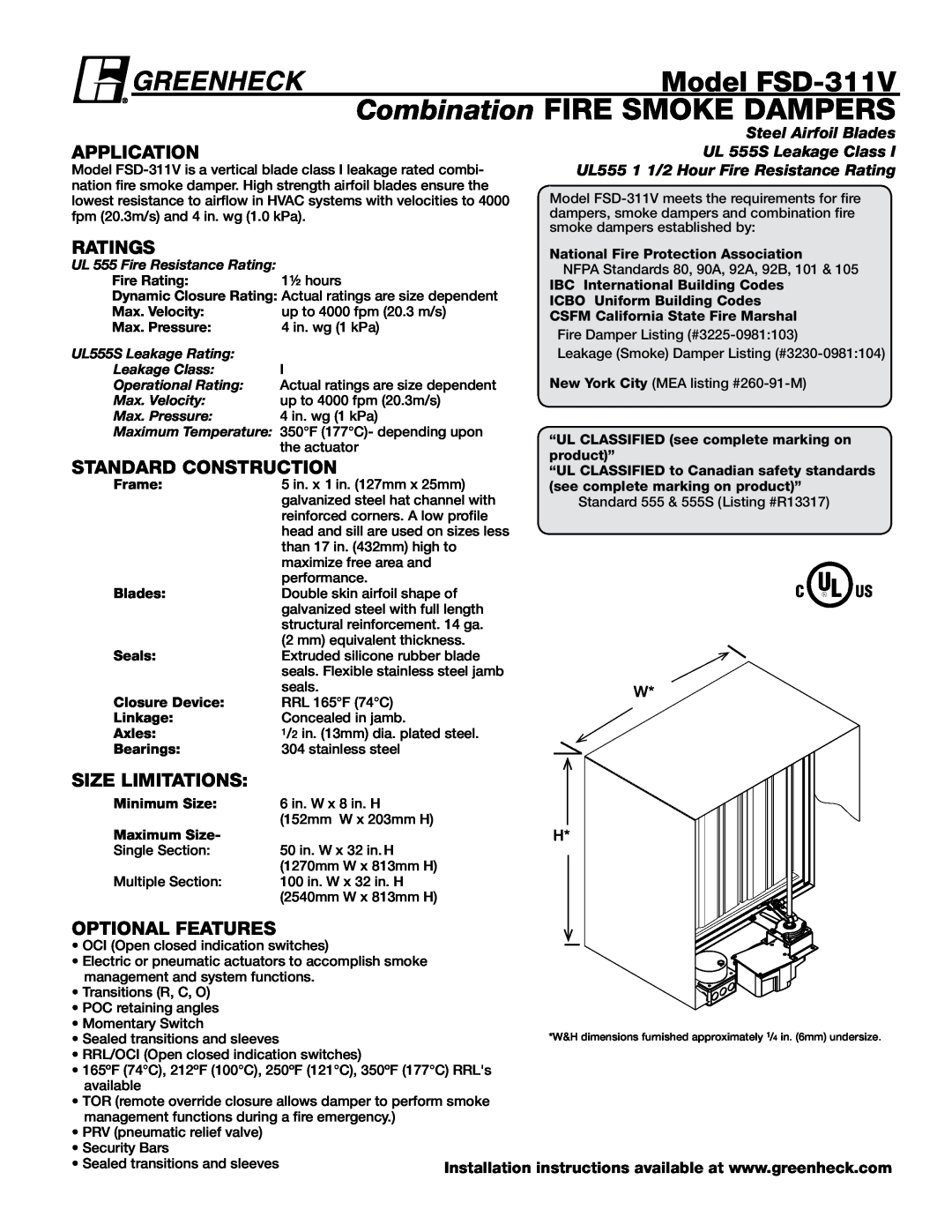 Greenheck Fan installation instructions Model FSD-311V, Application, Ratings, Standard Construction, Size Limitations 