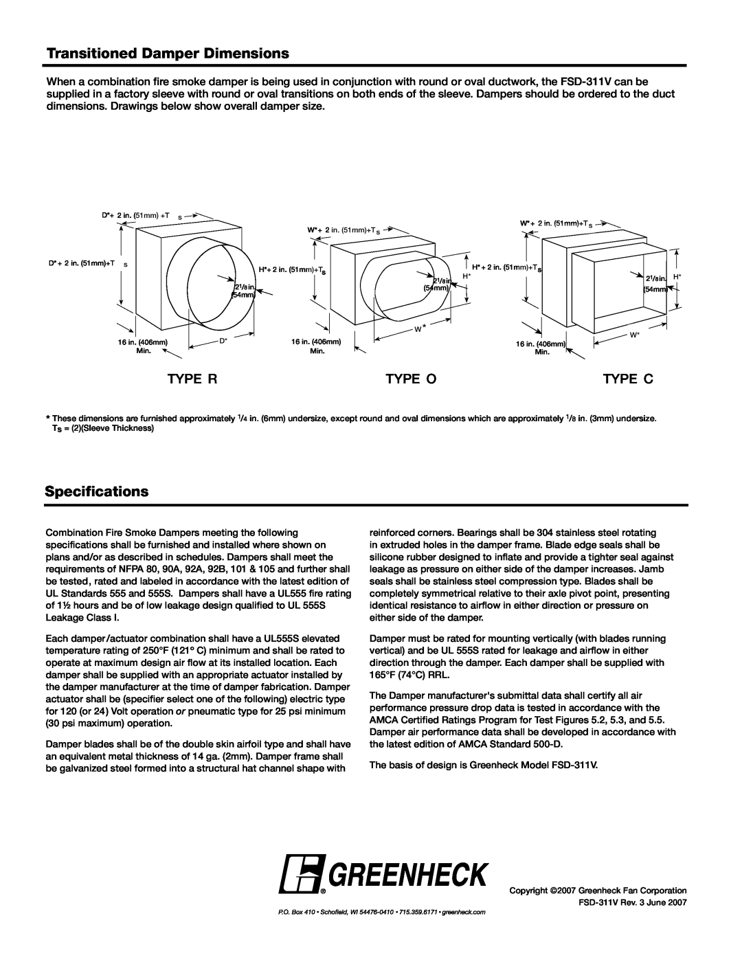 Greenheck Fan FSD-311V installation instructions Transitioned Damper Dimensions, Specifications, Type R, Type O, Type C 