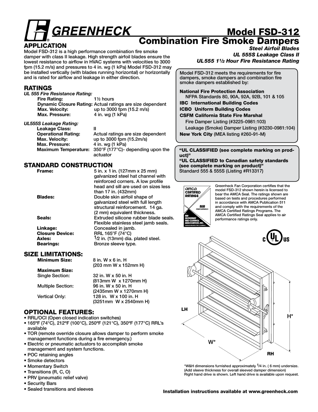 Greenheck Fan dimensions Model FSD-312, Combination Fire Smoke Dampers 