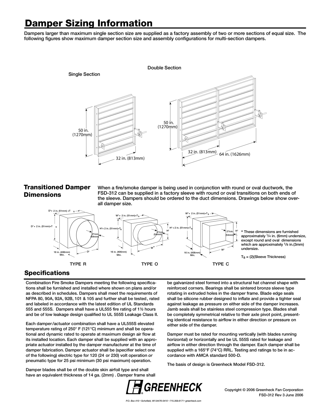 Greenheck Fan FSD-312 dimensions Damper Sizing Information, Transitioned Damper Dimensions, Specifications 