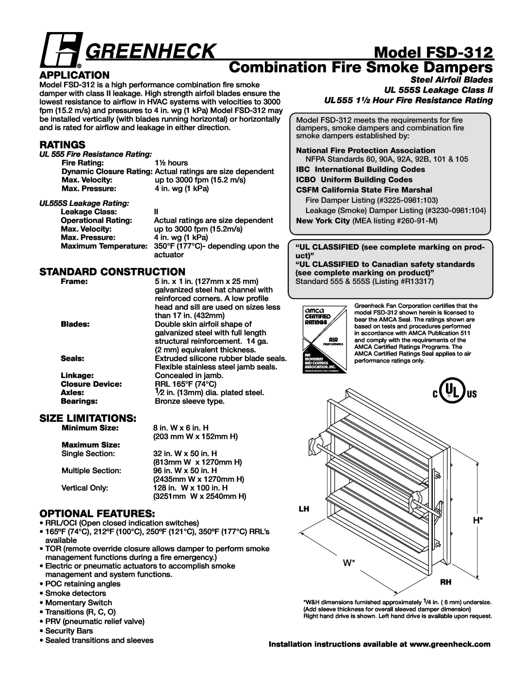 Greenheck Fan dimensions Model FSD-312, Combination Fire Smoke Dampers, Application, Ratings, Standard Construction 