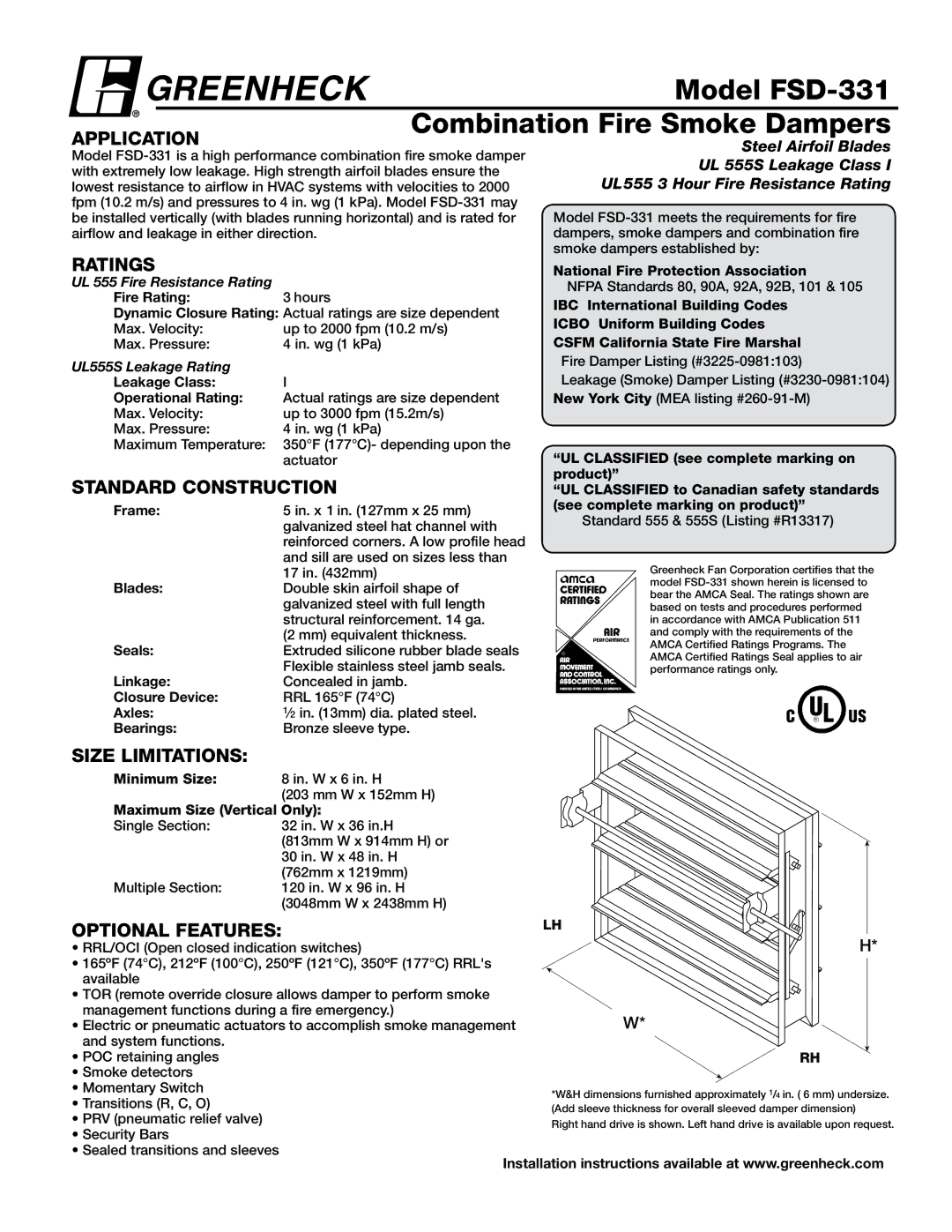 Greenheck Fan dimensions Model FSD-331, Combination Fire Smoke Dampers 