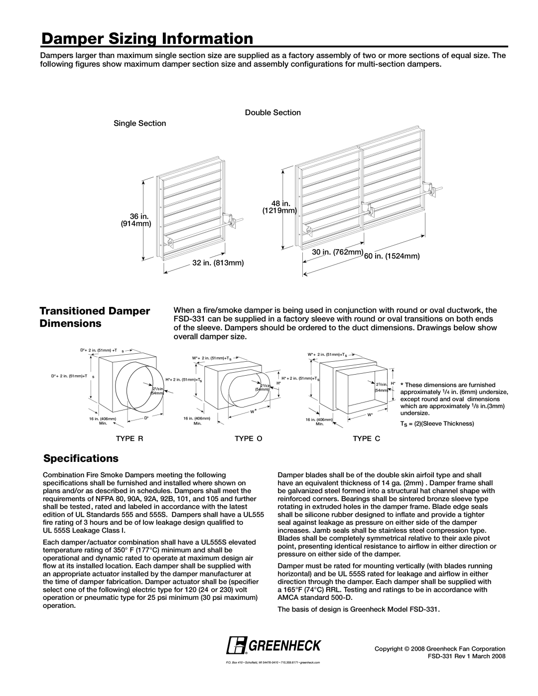 Greenheck Fan FSD-331 dimensions Damper Sizing Information, Transitioned Damper Dimensions, Specifications 