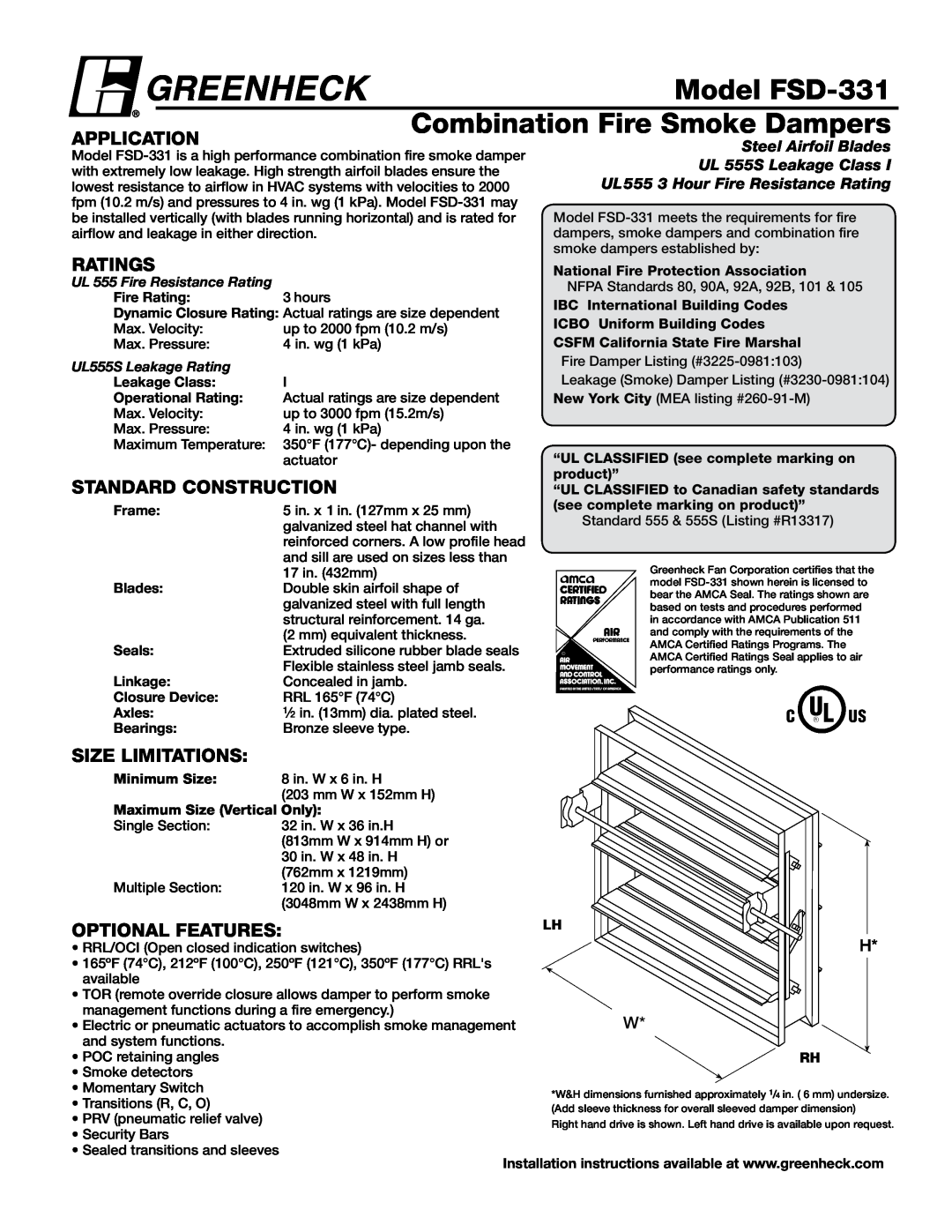 Greenheck Fan dimensions Model FSD-331, Combination Fire Smoke Dampers, Application, Ratings, Standard Construction 