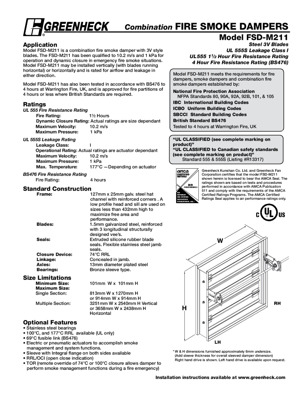 Greenheck Fan FSD-M211 dimensions Application, Ratings, Standard Construction, Size Limitations, Optional Features 