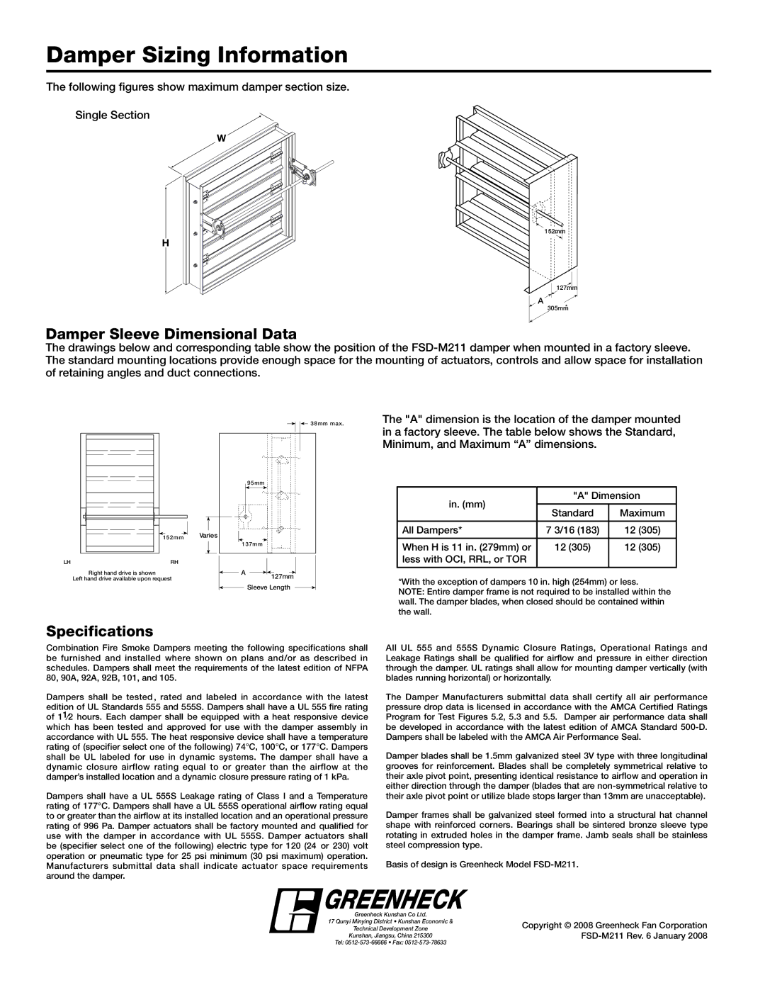 Greenheck Fan FSD-M211 dimensions Damper Sizing Information, Damper Sleeve Dimensional Data, Specifications 