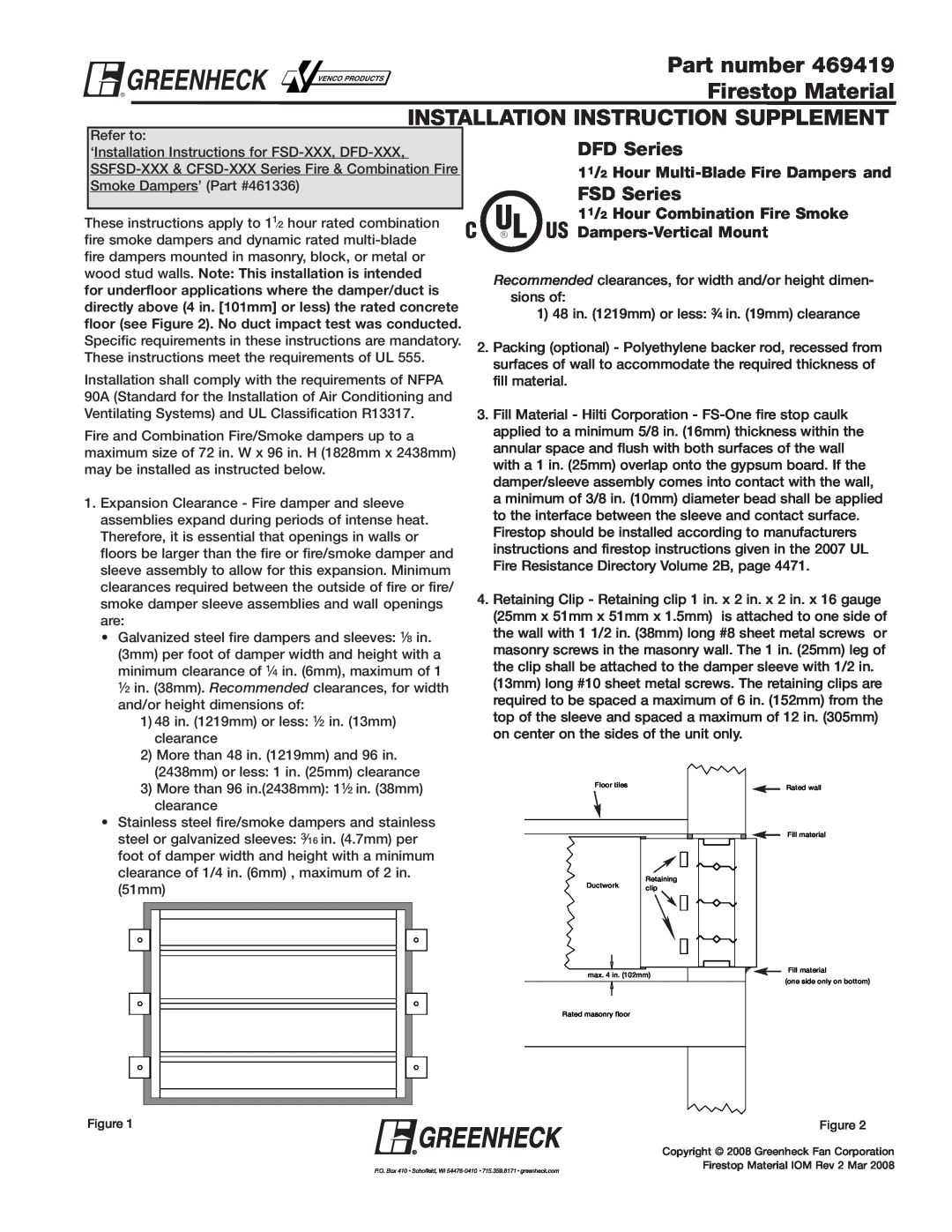 Greenheck Fan DFD Series installation instructions Part number, Firestop Material, Installation Instruction Supplement 