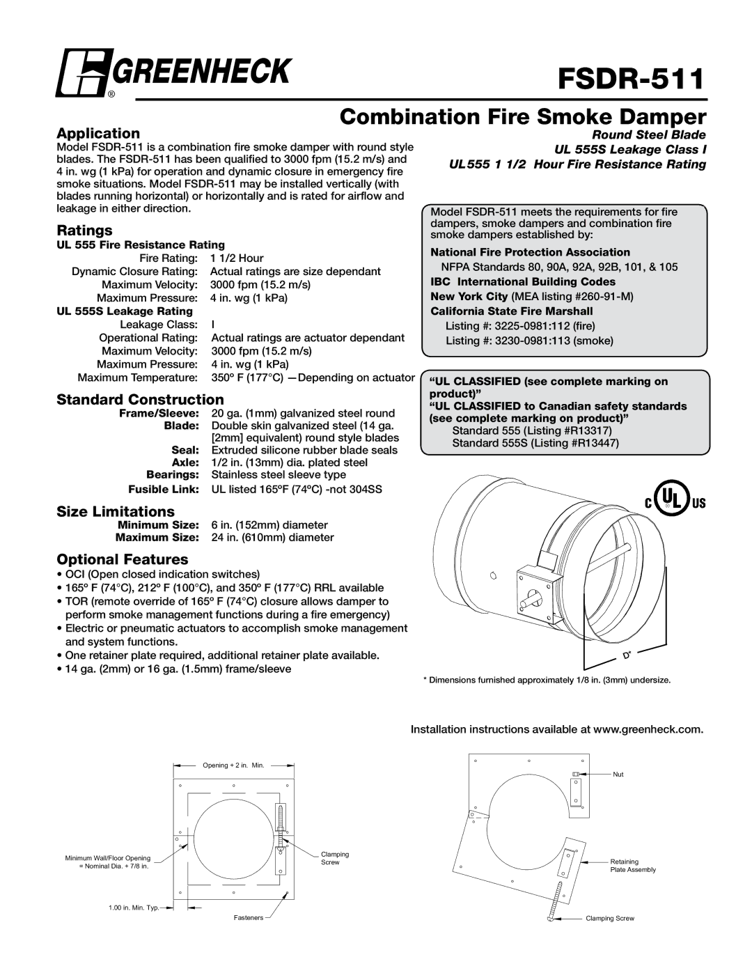 Greenheck Fan FSDR-511 dimensions Application, Ratings, Standard Construction, Size Limitations, Optional Features 