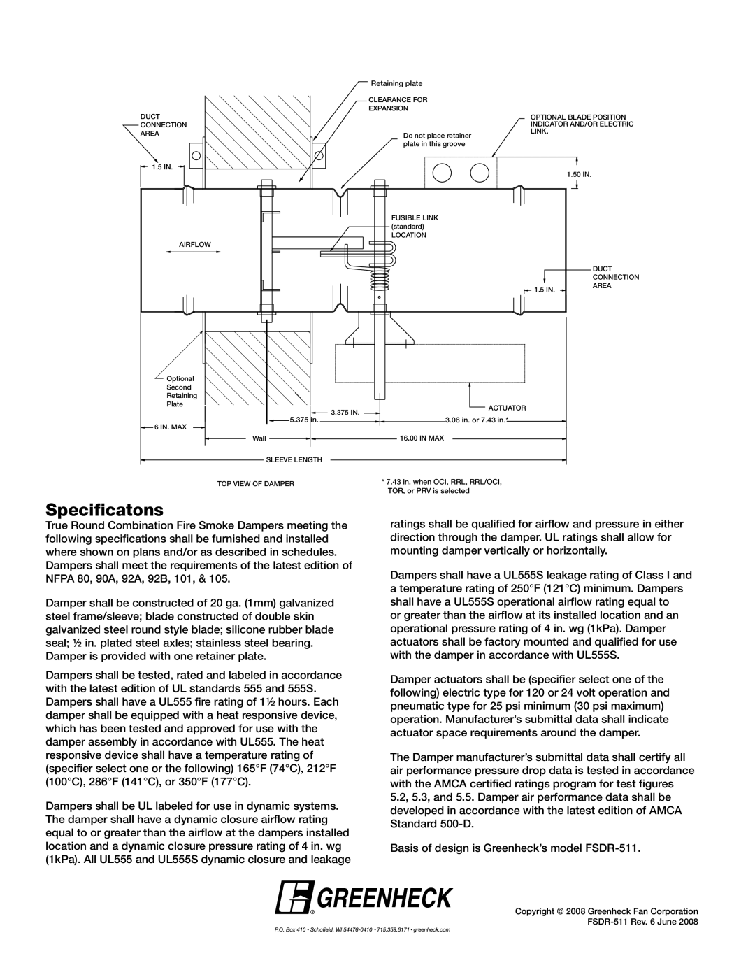 Greenheck Fan FSDR-511 dimensions Specificatons 