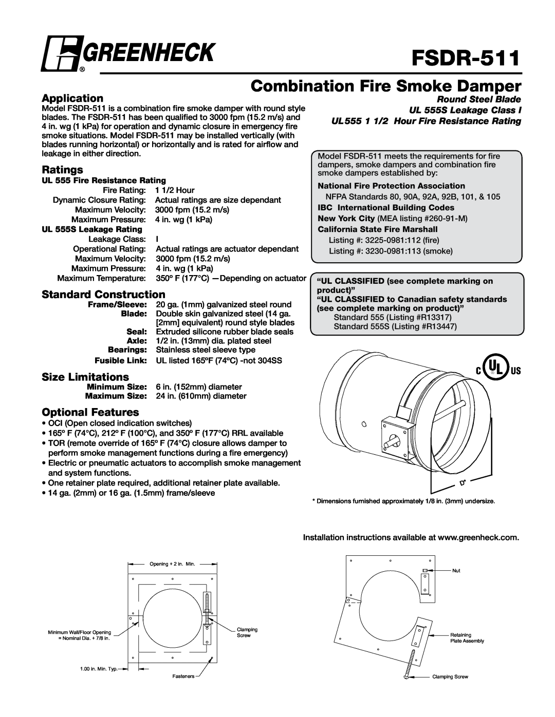 Greenheck Fan FSDR-511 dimensions Combination Fire Smoke Damper, Application, Ratings, Standard Construction 