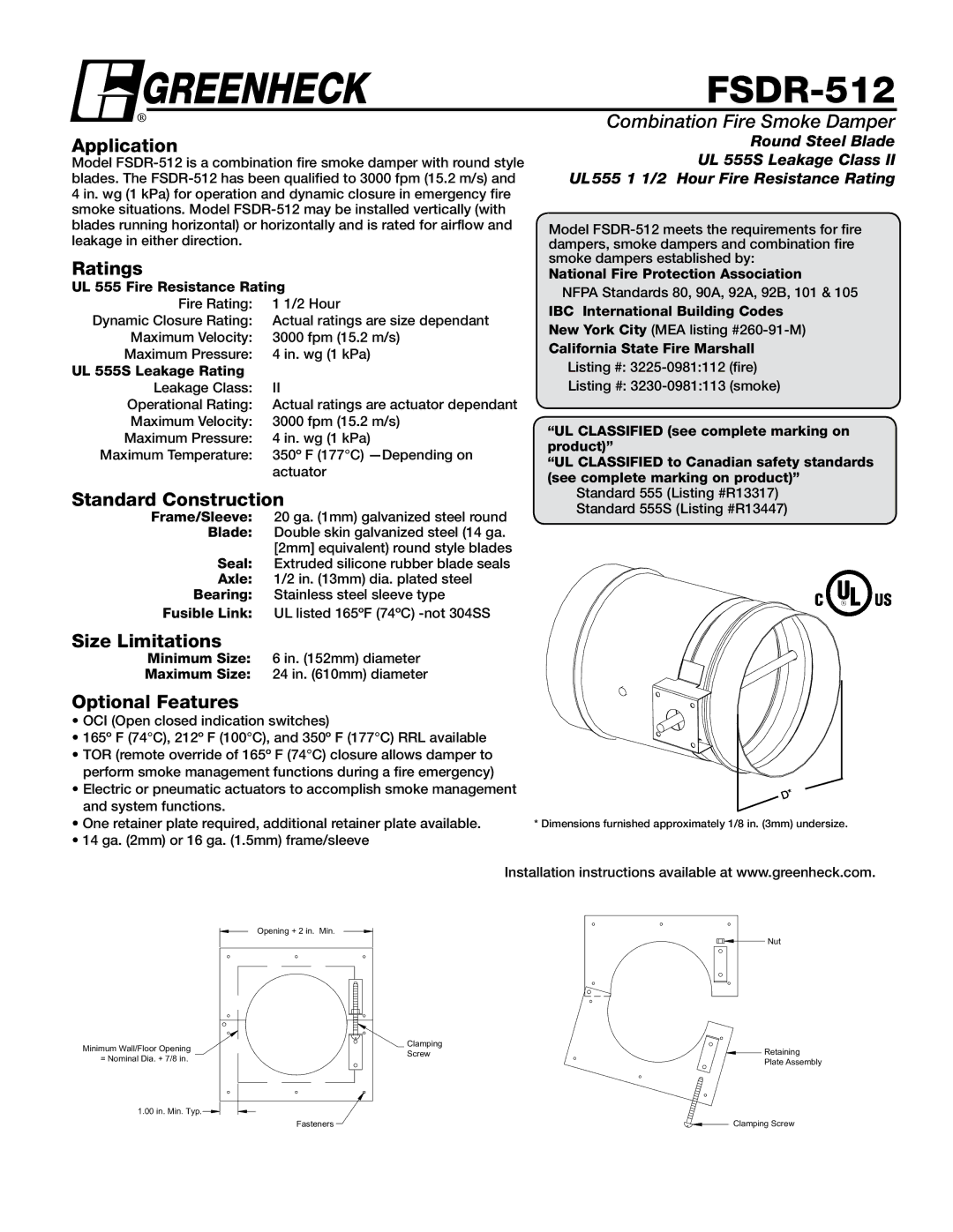 Greenheck Fan FSDR-512 dimensions Application, Ratings, Standard Construction, Size Limitations, Optional Features 