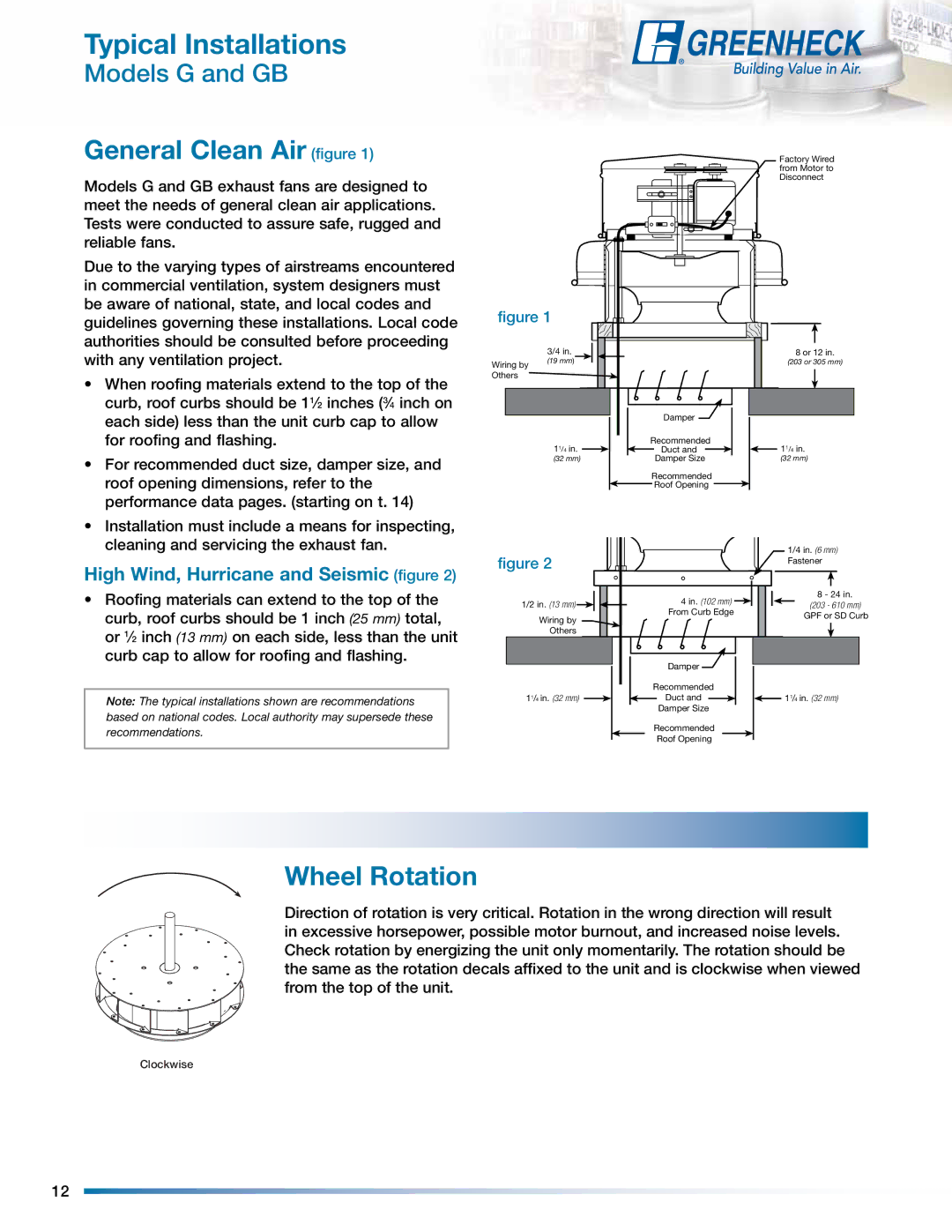 Greenheck Fan GB manual Typical Installations, General Clean Air figure, Wheel Rotation 