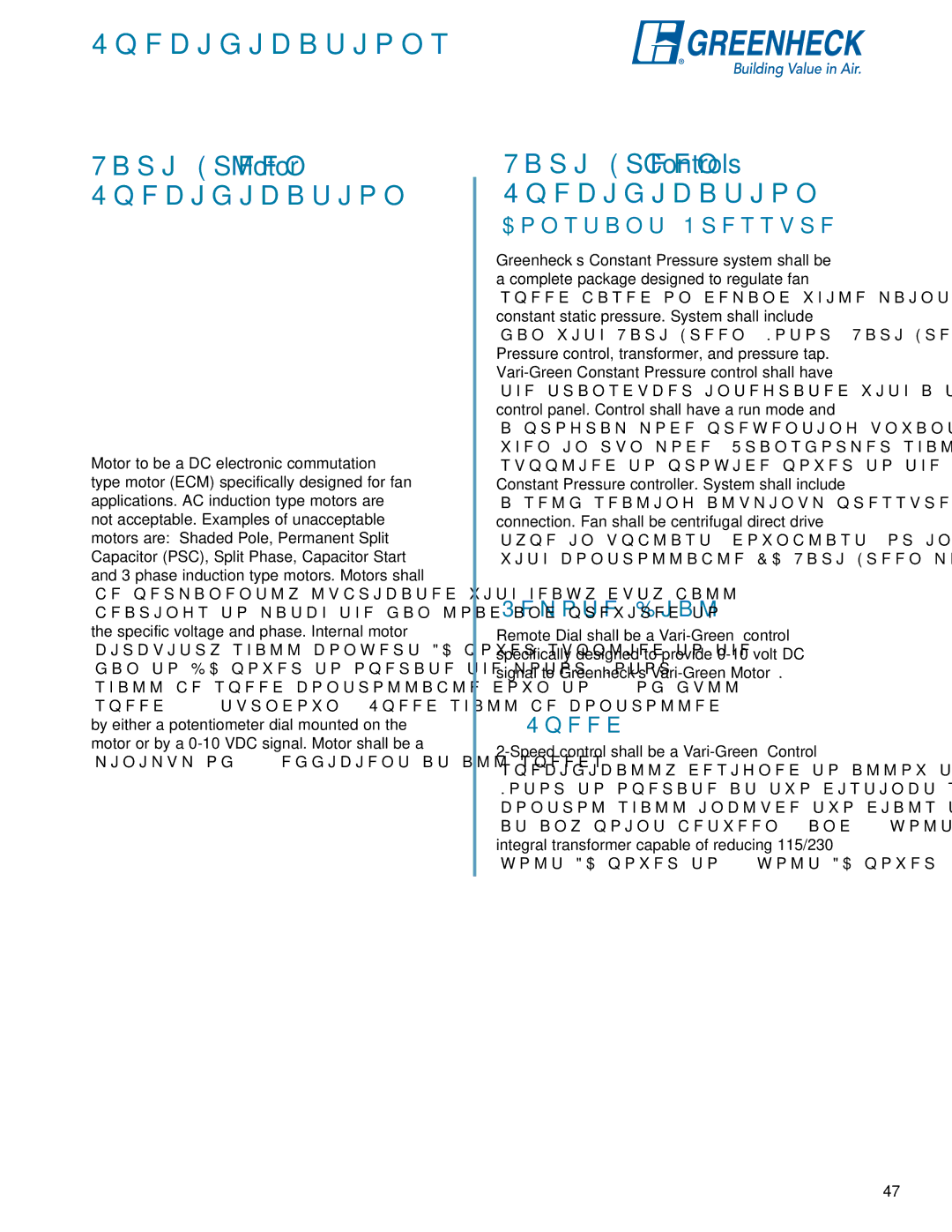 Greenheck Fan GB manual Specifications, Vari-GreenMotor Specification, Vari-GreenControls Specification 