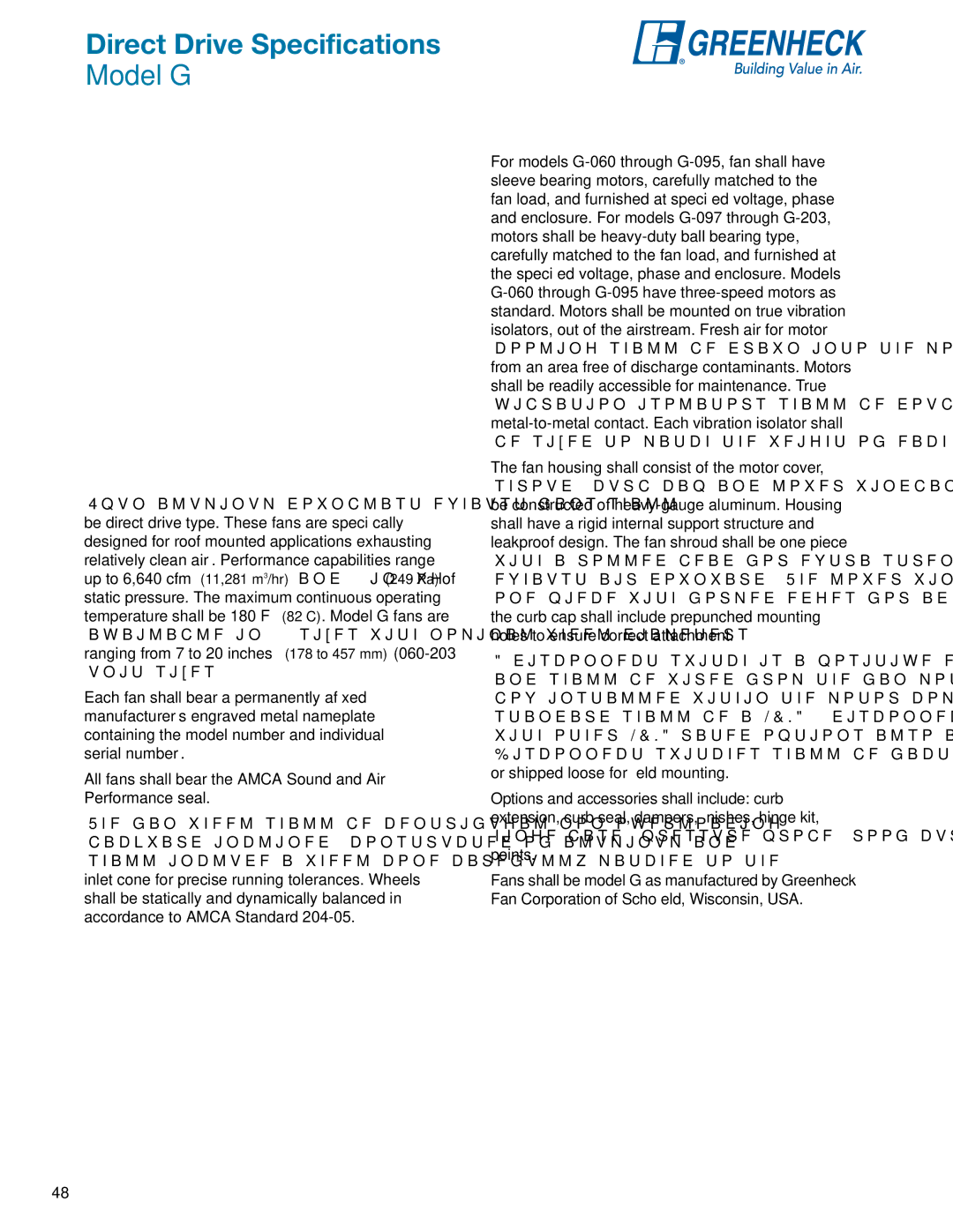 Greenheck Fan GB manual Direct Drive Specifications, Model G 