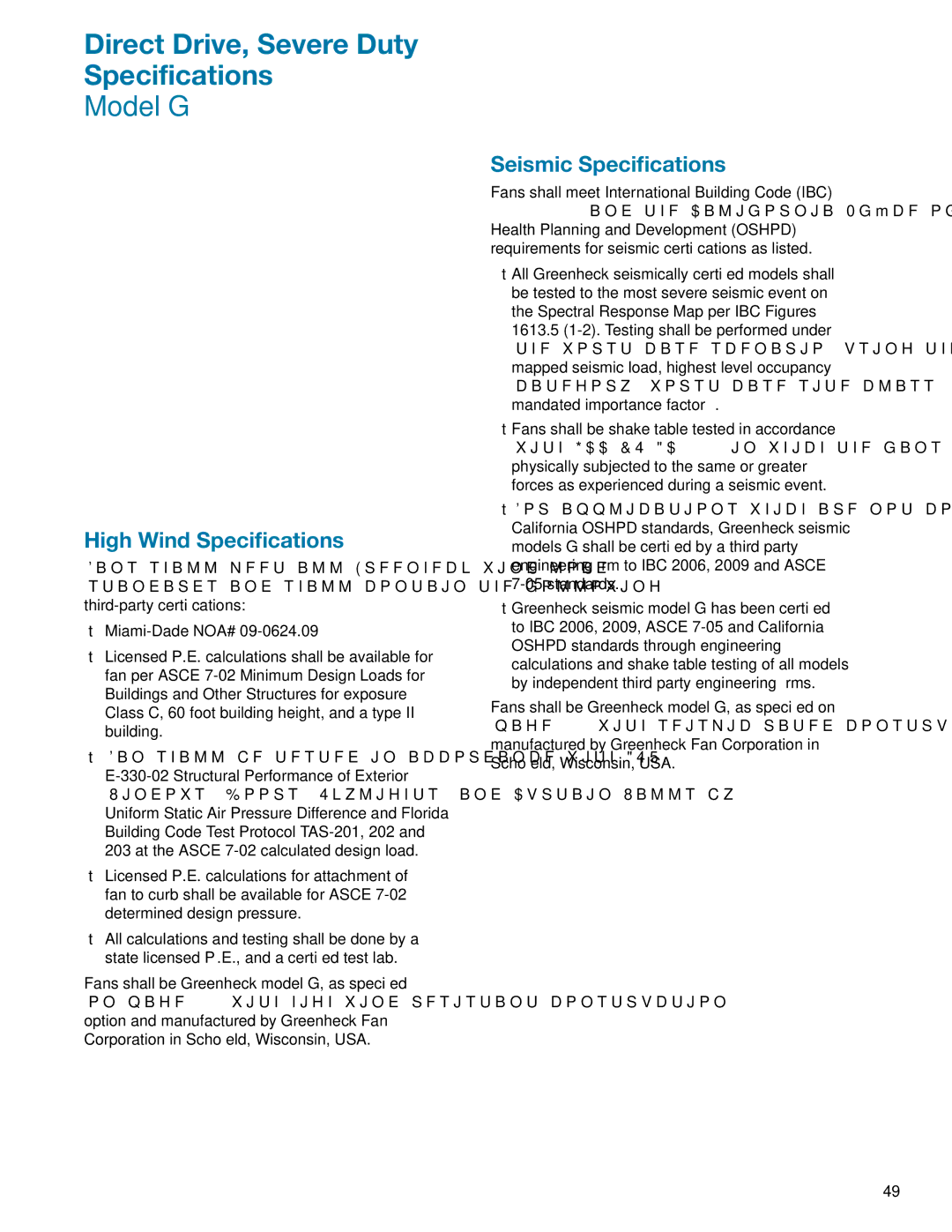 Greenheck Fan GB manual Direct Drive, Severe Duty Specifications, High Wind Specifications 