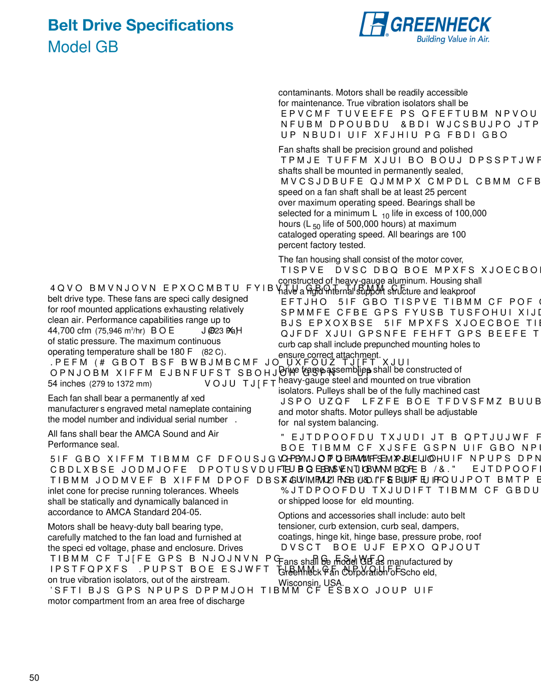 Greenheck Fan manual Belt Drive Specifications, Model GB 